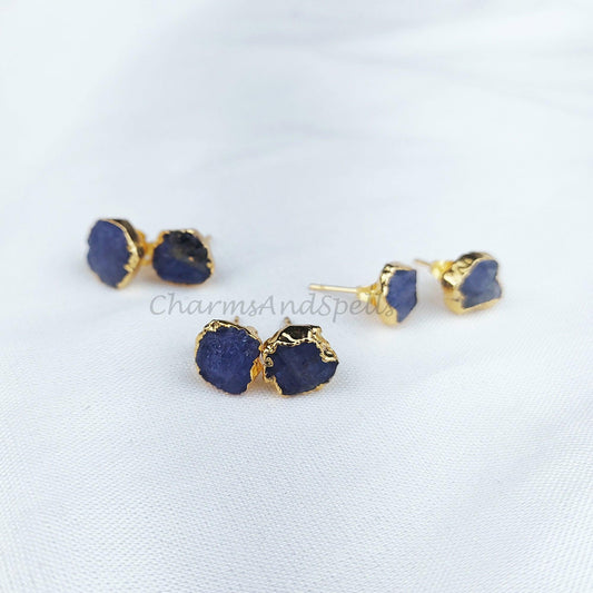 Raw Tanzanite Gemstone Stud Earrings, Tiny Crystal Earrings, Real Gemstones, Wedding Bridesmaid Gifts - Charms And Spells