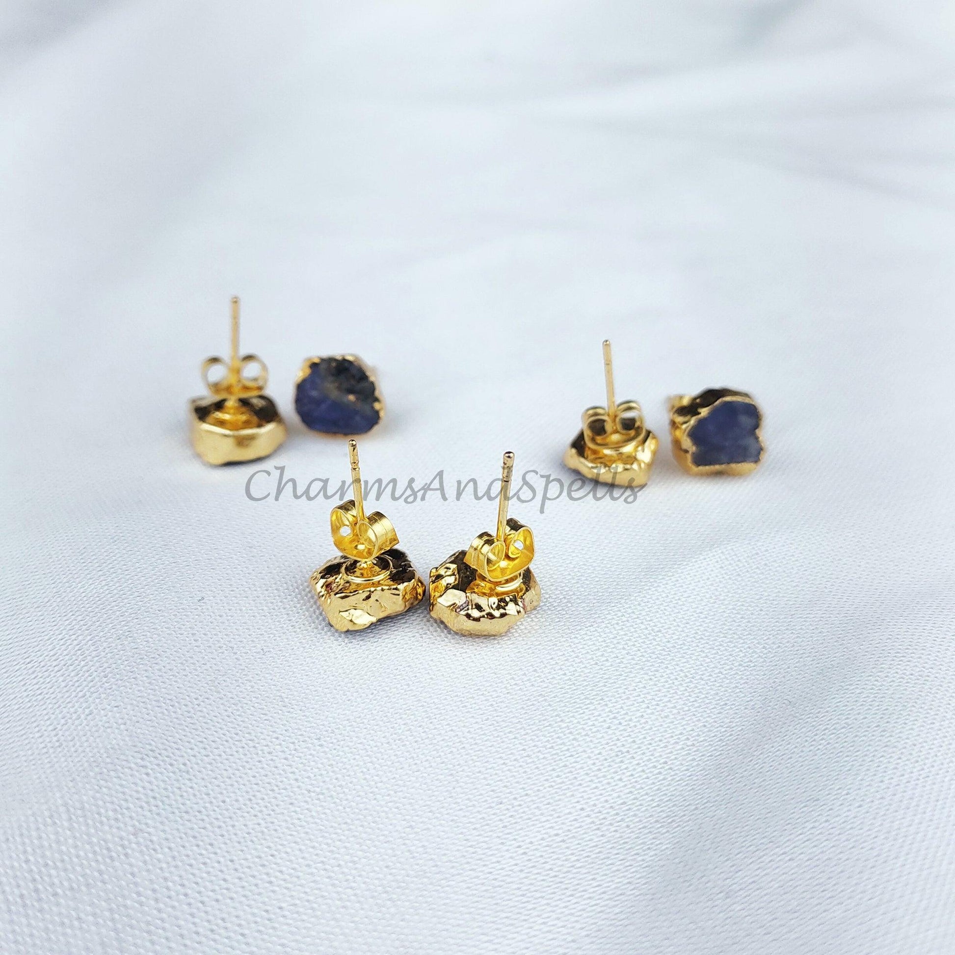 Raw Tanzanite Gemstone Stud Earrings, Tiny Crystal Earrings, Real Gemstones, Wedding Bridesmaid Gifts - Charms And Spells