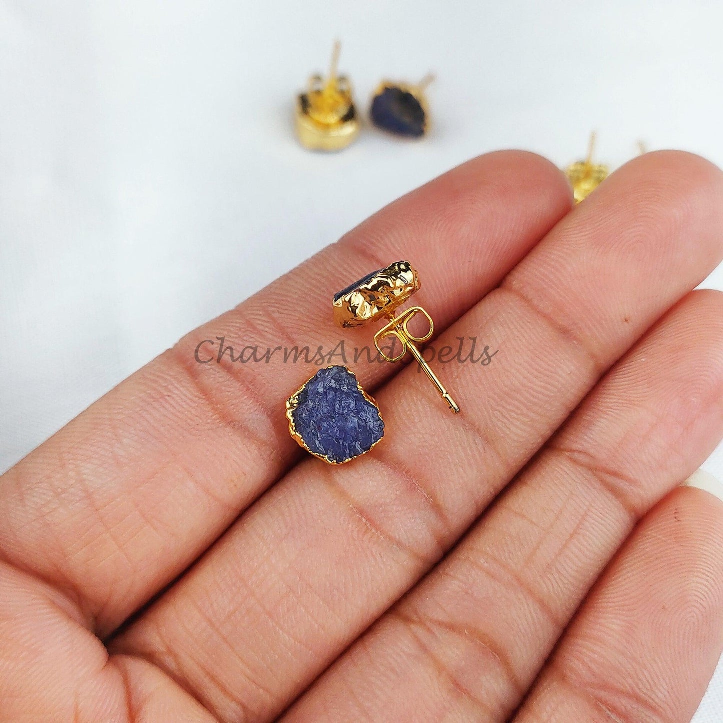 Raw Tanzanite Gemstone Stud Earrings, Tiny Crystal Earrings, Real Gemstones, Wedding Bridesmaid Gifts - Charms And Spells