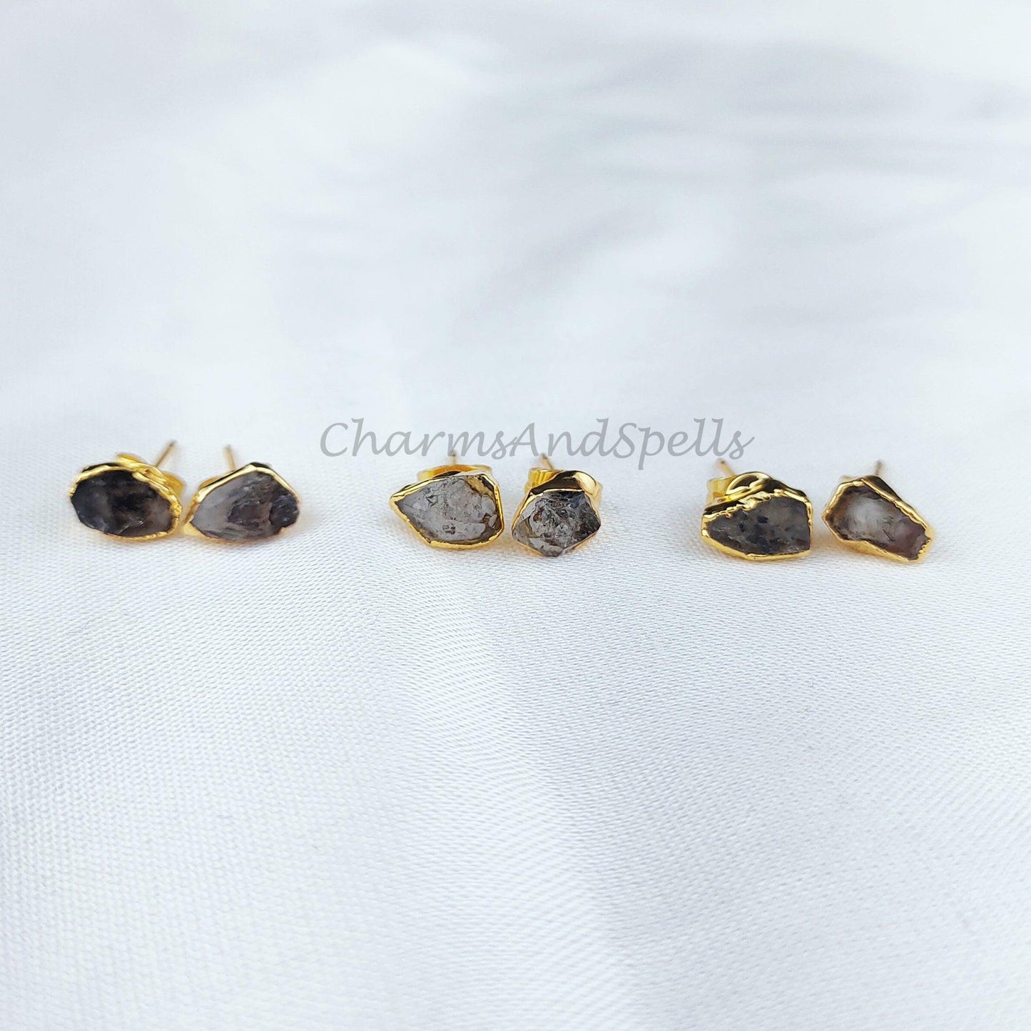 Tiny Herkimer Studs, Dainty Jewelry, Gold Electroplated, Birthstone Earrings, Minimalist Jewelry - Charms And Spells