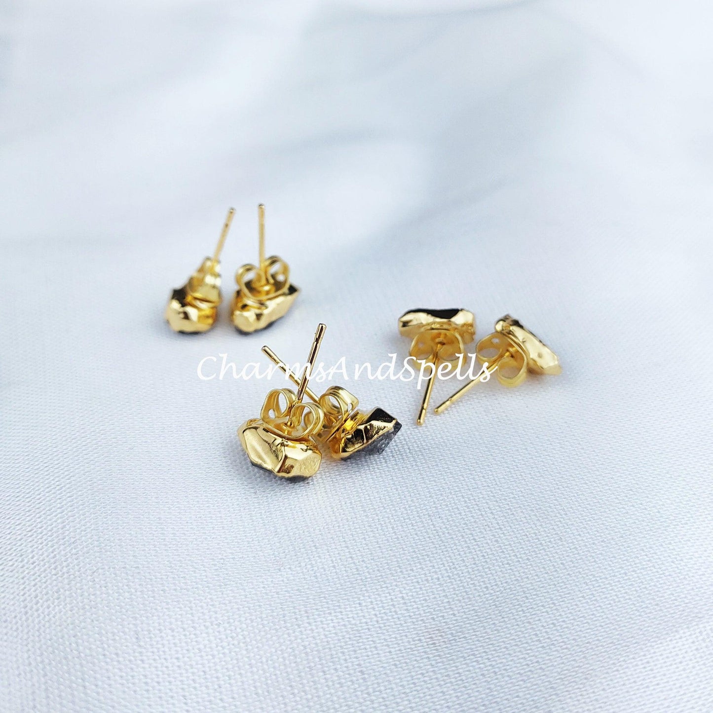 Tiny Herkimer Studs, Dainty Jewelry, Gold Electroplated, Birthstone Earrings, Minimalist Jewelry - Charms And Spells