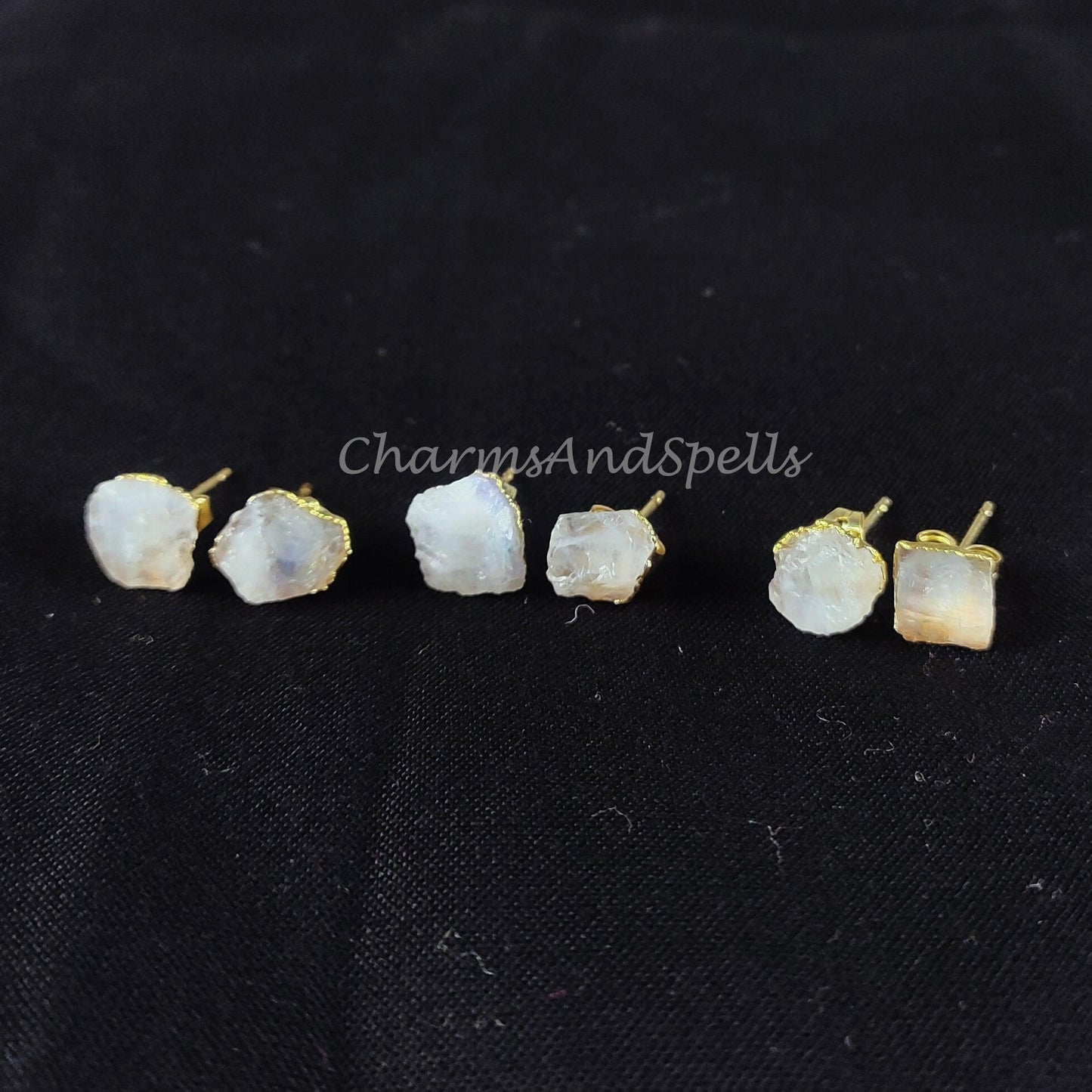 Tiny moonstone studs, rainbow moonstone jewelry, birthstone earrings, minimalist crystal jewelry - Charms And Spells