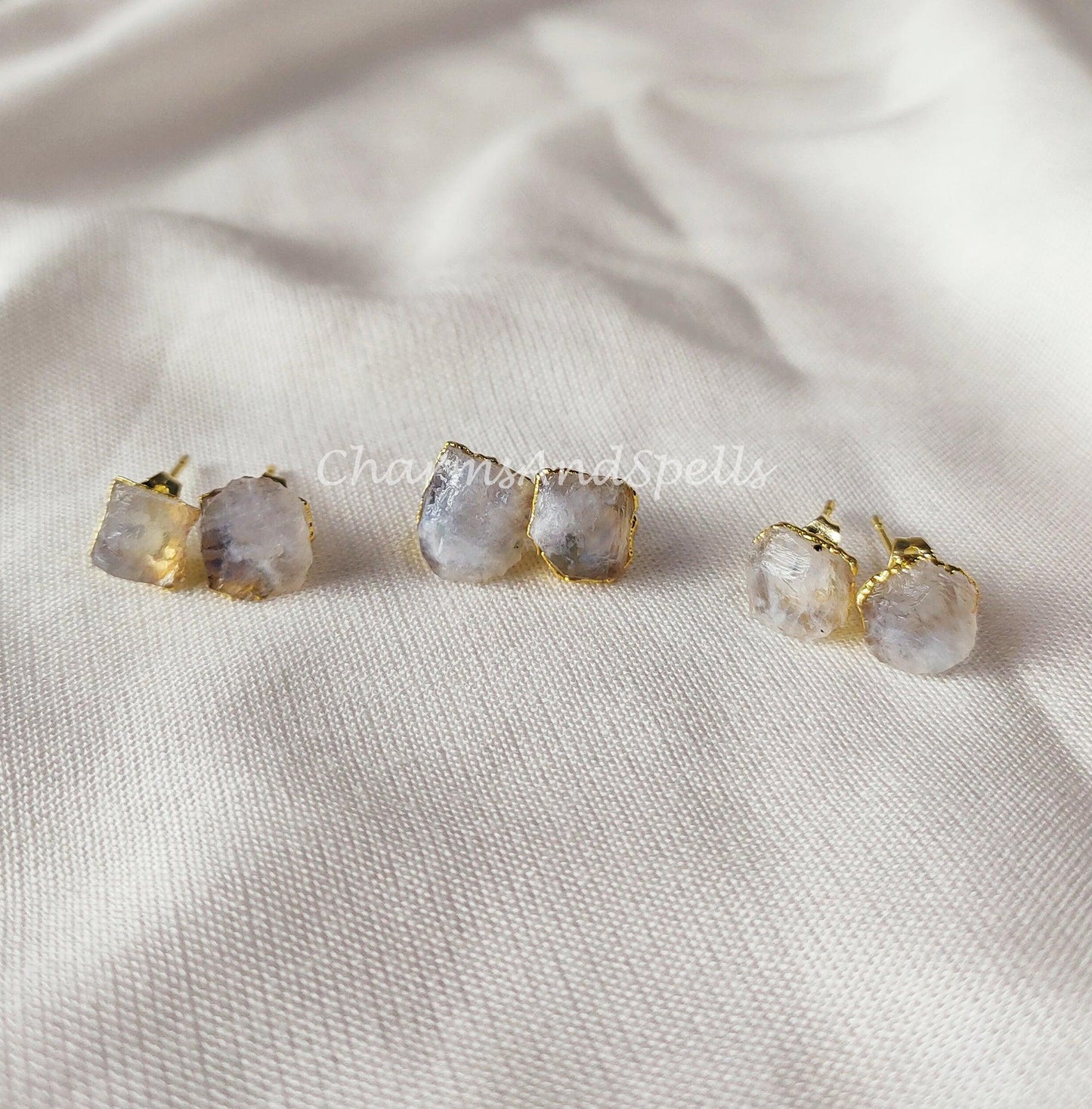 Tiny moonstone studs, rainbow moonstone jewelry, birthstone earrings, minimalist crystal jewelry - Charms And Spells