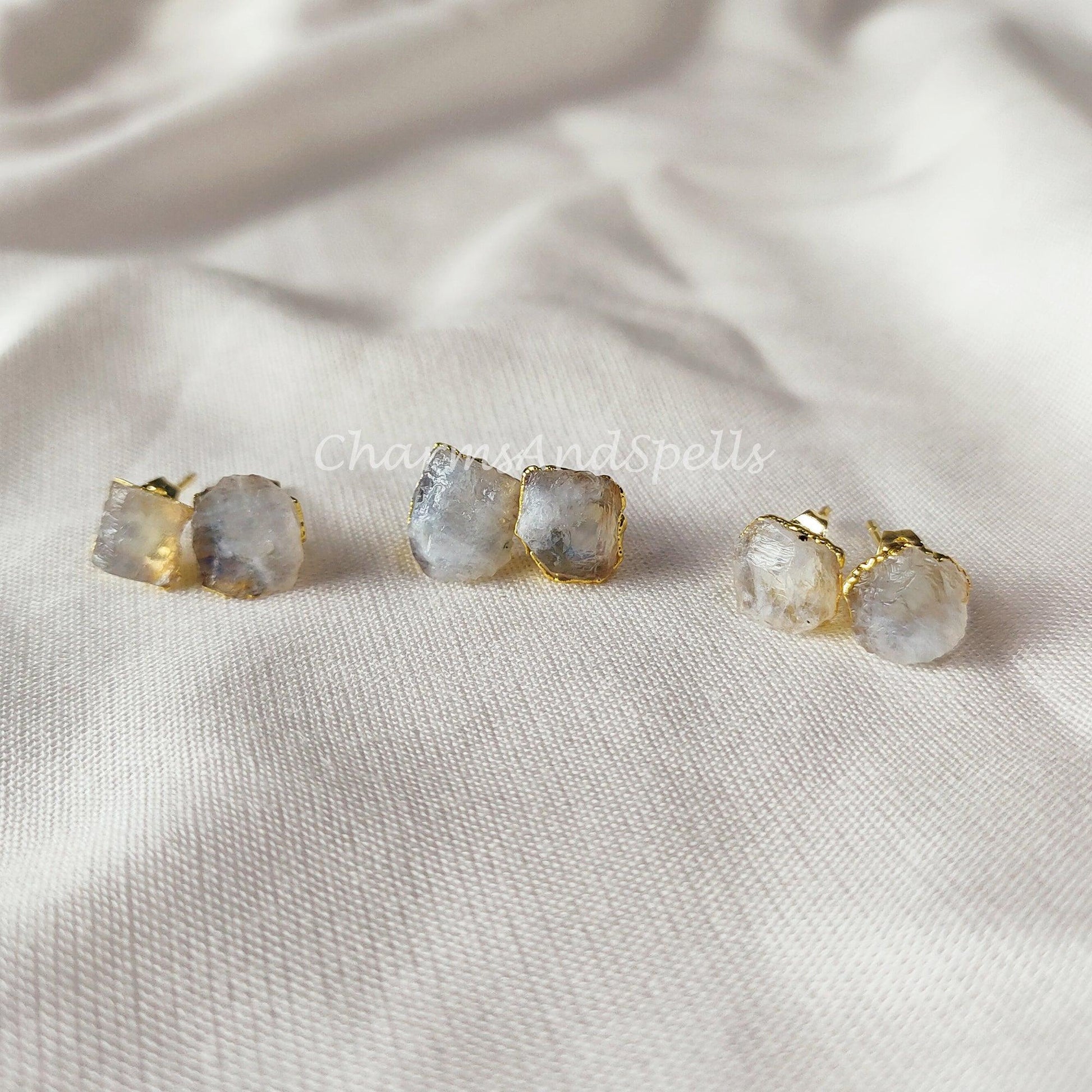 Tiny moonstone studs, rainbow moonstone jewelry, birthstone earrings, minimalist crystal jewelry - Charms And Spells