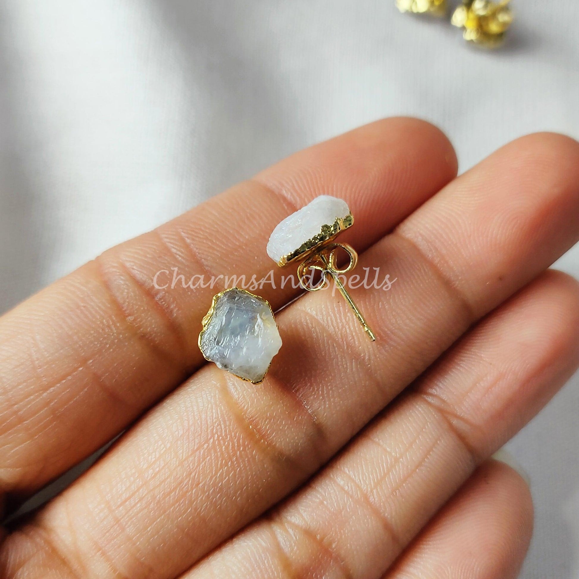 Tiny moonstone studs, rainbow moonstone jewelry, birthstone earrings, minimalist crystal jewelry - Charms And Spells