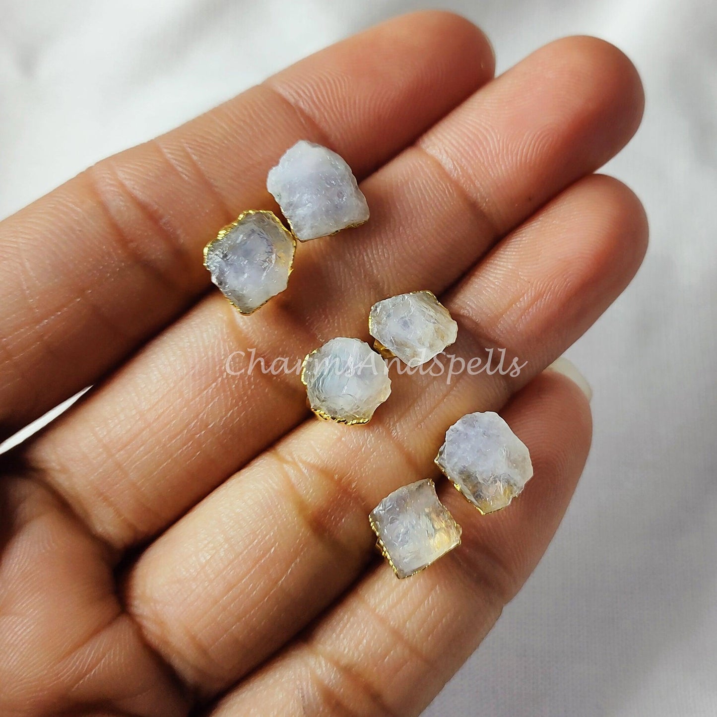 Tiny moonstone studs, rainbow moonstone jewelry, birthstone earrings, minimalist crystal jewelry - Charms And Spells