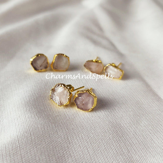 Raw Rose Quartz Earrings, Quartz Stud Earrings, Pink Stone Earrings Stud, Rose Quartz Earrings - Charms And Spells