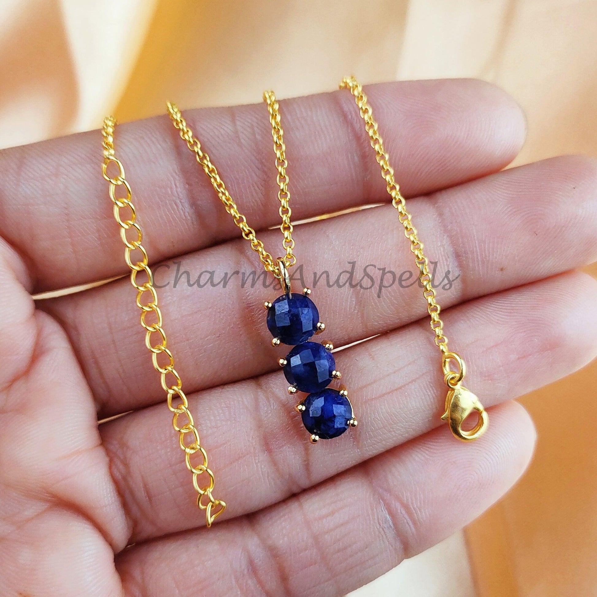 Sapphire Necklace, Tiny Sapphire Necklace, Dainty Sapphire Pendant, Birthday Gift, 14k Solid Gold Plated Sapphire Necklace - Charms And Spells