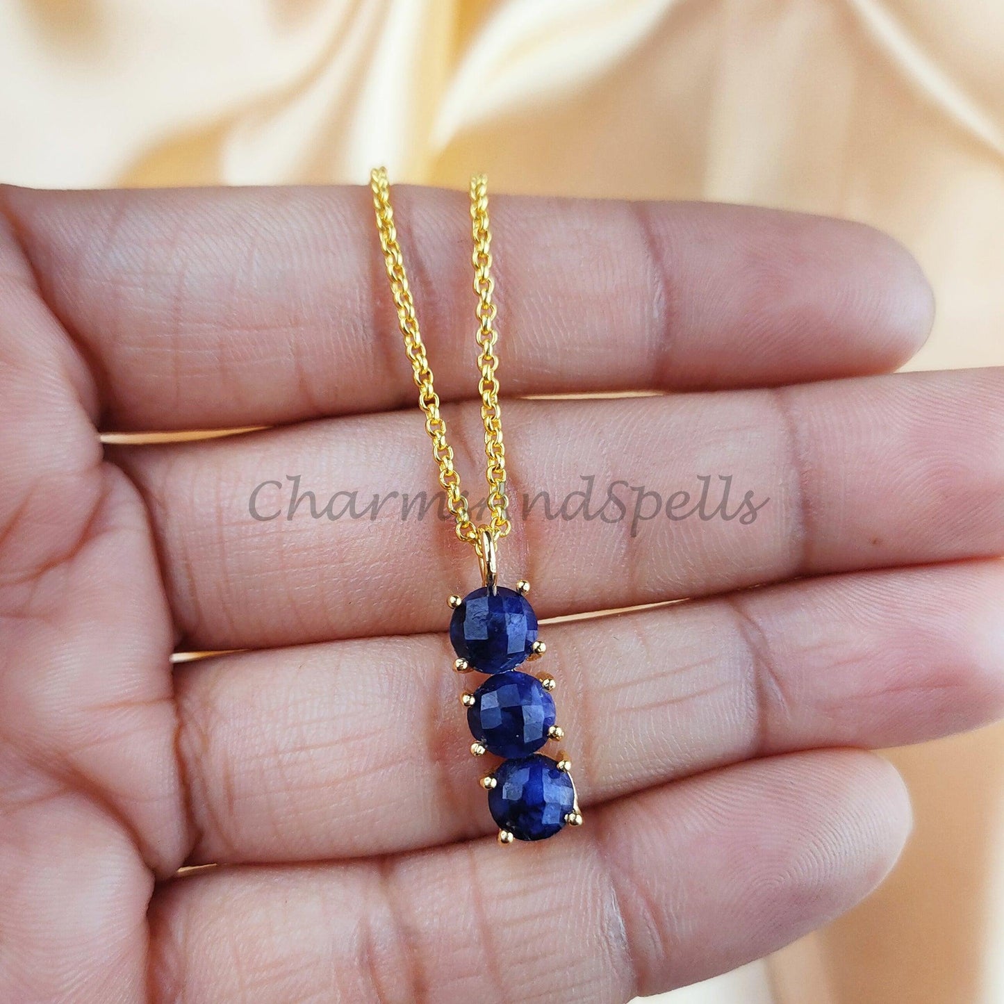 Sapphire Necklace, Tiny Sapphire Necklace, Dainty Sapphire Pendant, Birthday Gift, 14k Solid Gold Plated Sapphire Necklace - Charms And Spells