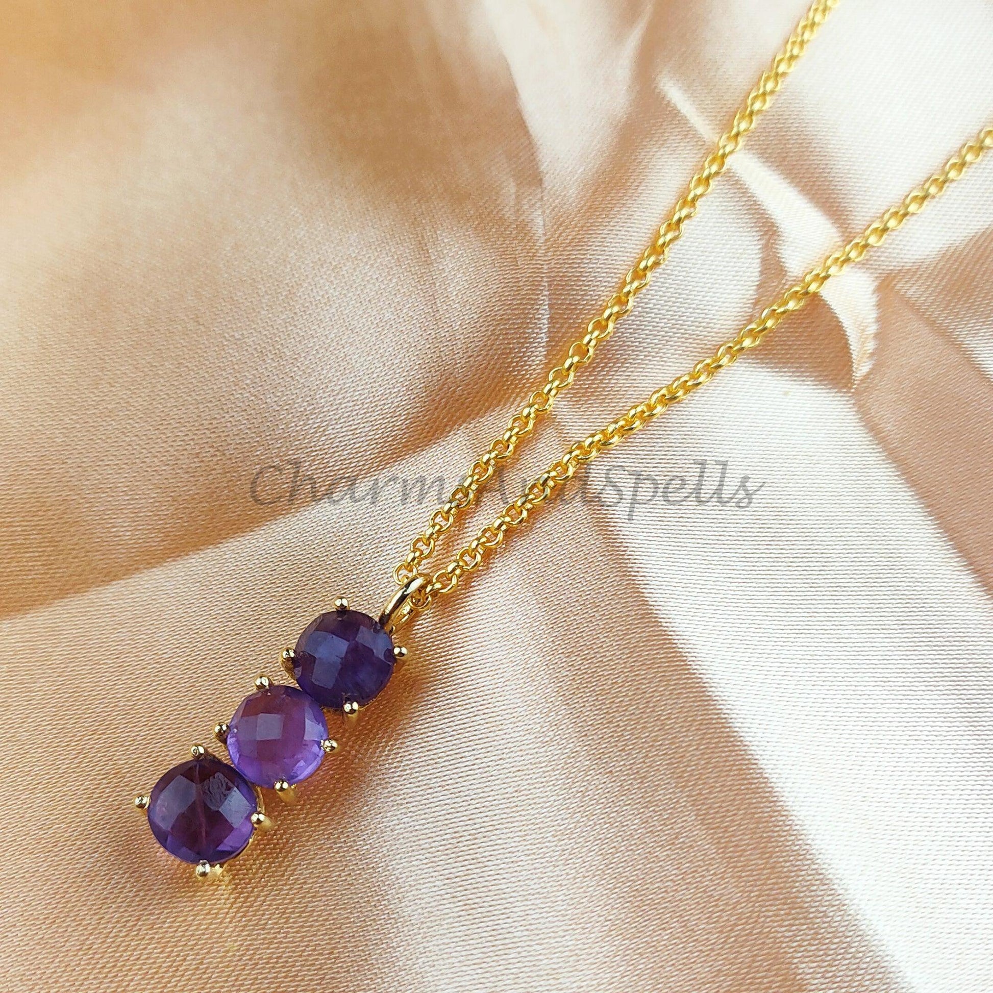 Natural Amethyst Gemstone Necklace, Purple February Birthstone Pendant, Dainty Necklace - Charms And Spells