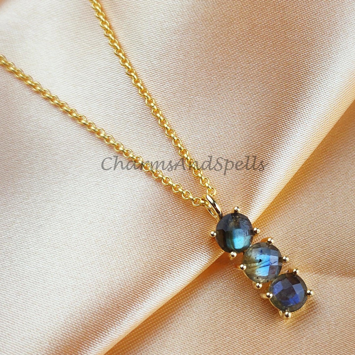 Genuine Labradorite Necklace, Flashy Labradorite, Blue Crystal Gemstone Pendant, Gold Plated Wiccan Jewelry - Charms And Spells