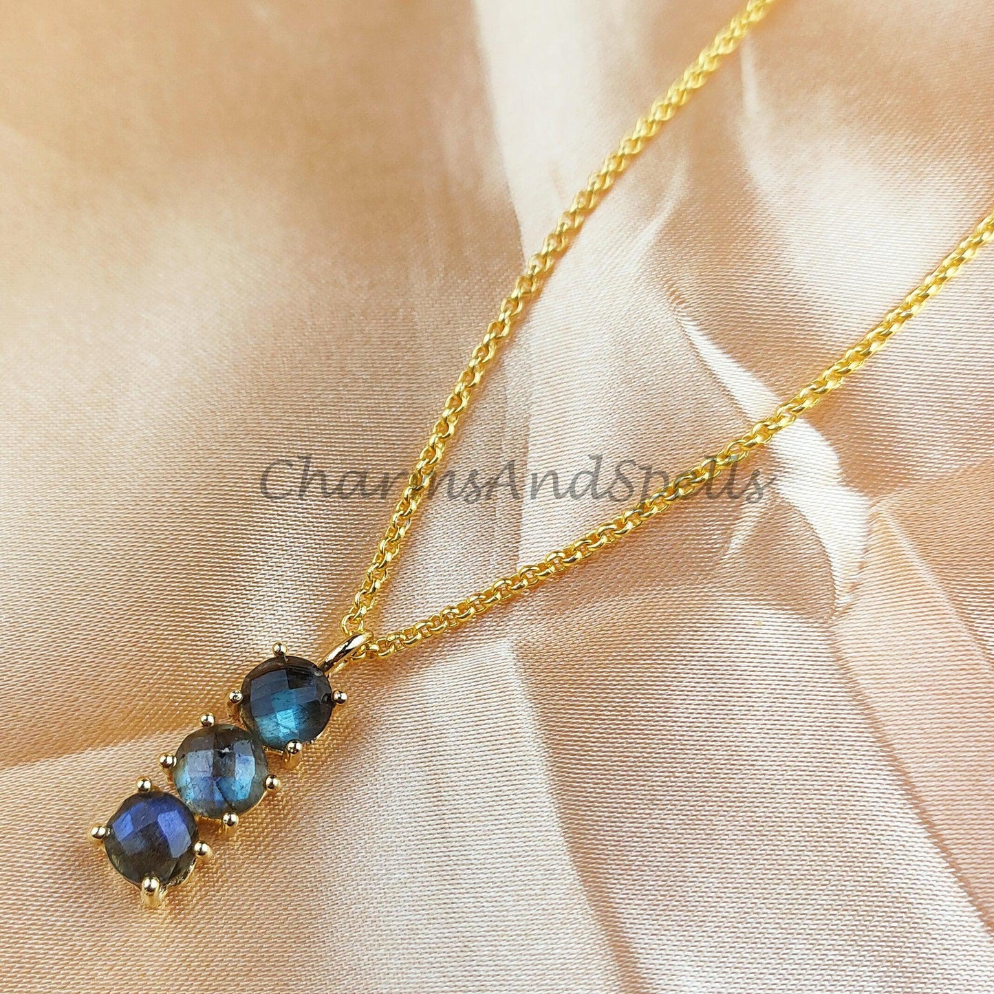 Genuine Labradorite Necklace, Flashy Labradorite, Blue Crystal Gemstone Pendant, Gold Plated Wiccan Jewelry - Charms And Spells