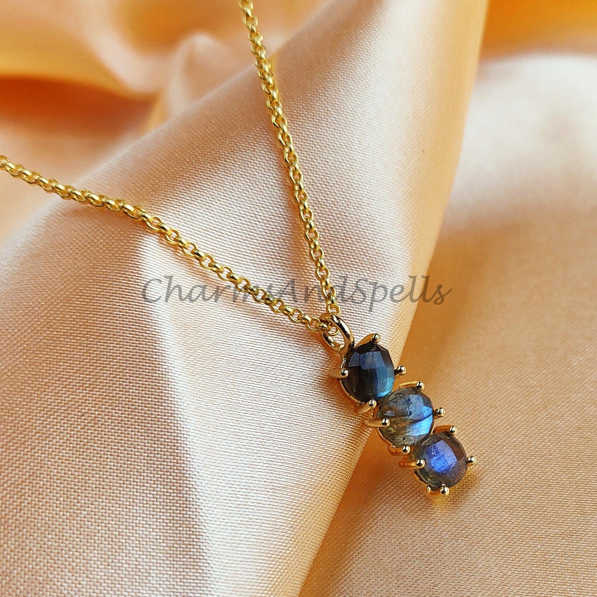 Genuine Labradorite Necklace, Flashy Labradorite, Blue Crystal Gemstone Pendant, Gold Plated Wiccan Jewelry - Charms And Spells