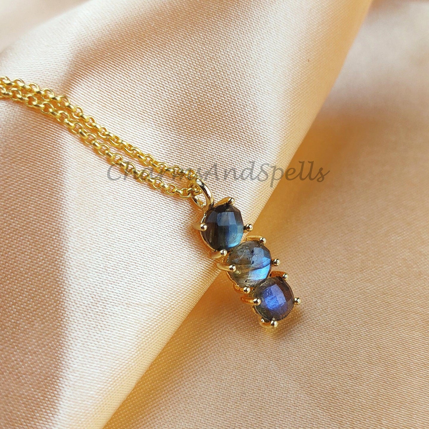 Genuine Labradorite Necklace, Flashy Labradorite, Blue Crystal Gemstone Pendant, Gold Plated Wiccan Jewelry - Charms And Spells