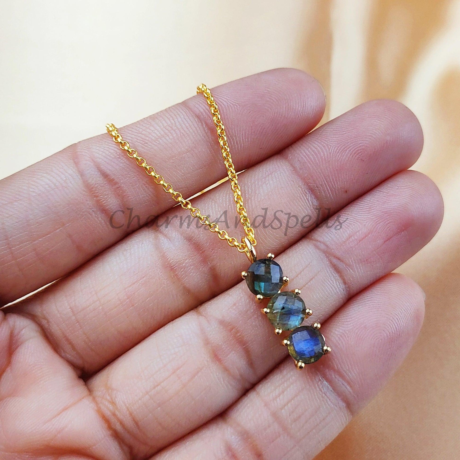 Genuine Labradorite Necklace, Flashy Labradorite, Blue Crystal Gemstone Pendant, Gold Plated Wiccan Jewelry - Charms And Spells