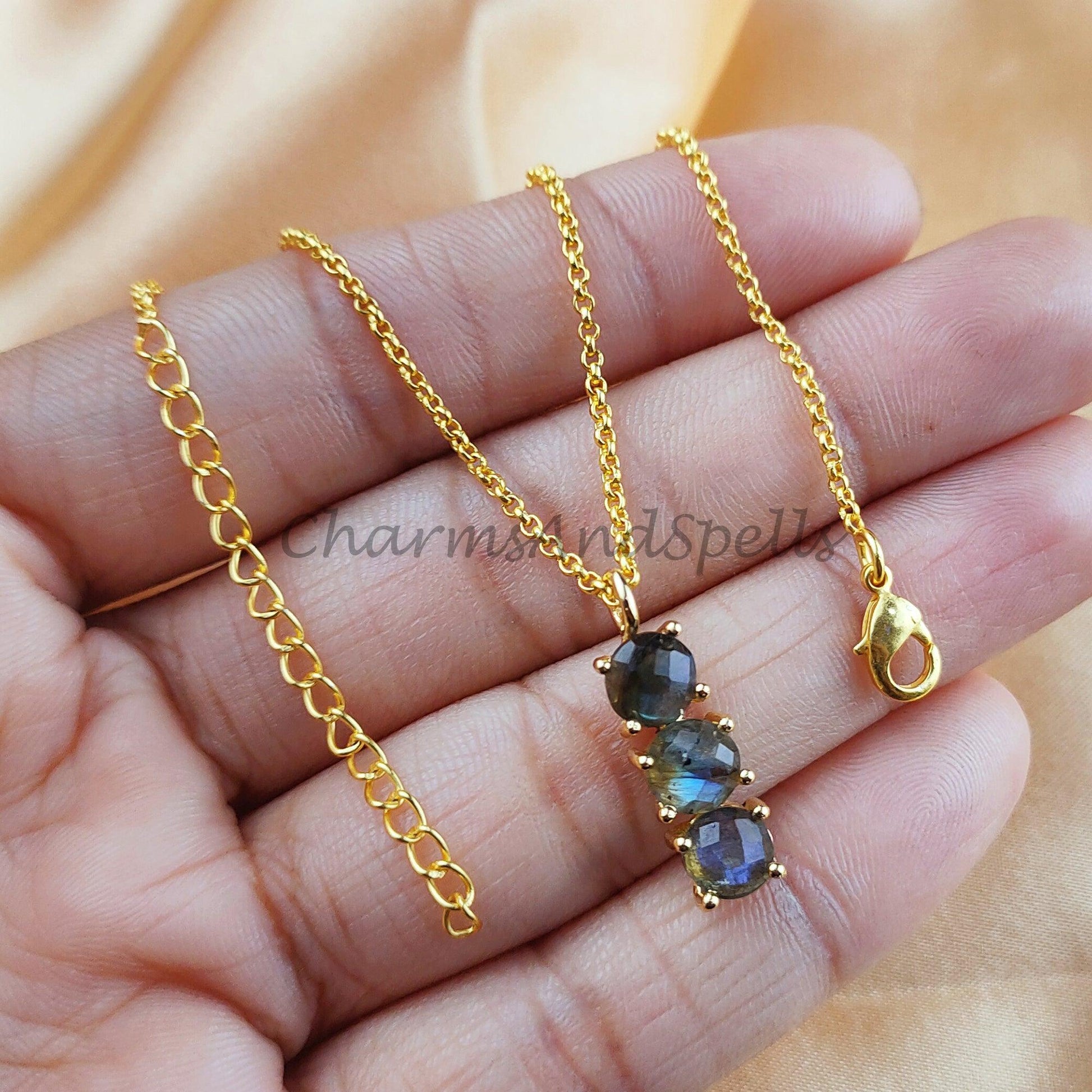 Genuine Labradorite Necklace, Flashy Labradorite, Blue Crystal Gemstone Pendant, Gold Plated Wiccan Jewelry - Charms And Spells