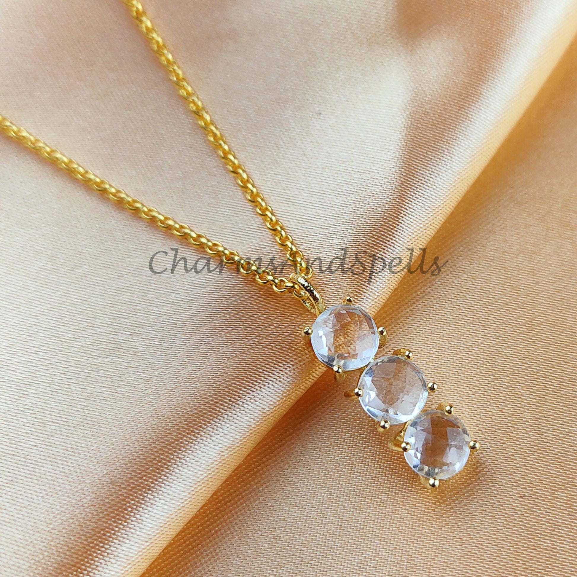 Clear Crystal Quartz Necklace, Statement Pendant, Gold Plated Necklace, Gift for Her, Bridesmaid Gifts, Women Necklace - Charms And Spells