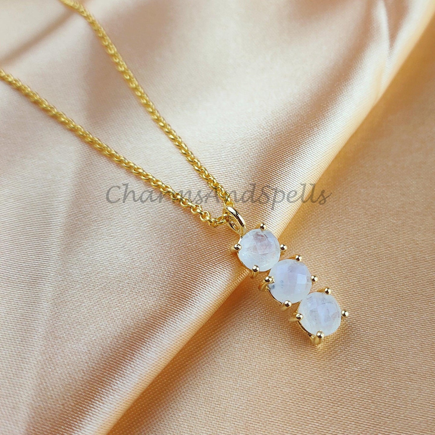 Natural Rainbow Moonstone Gemstone Necklace, Wiccan Necklace for Women, Gold Plated, Dainty Blue Moon Bar Pendant - Charms And Spells