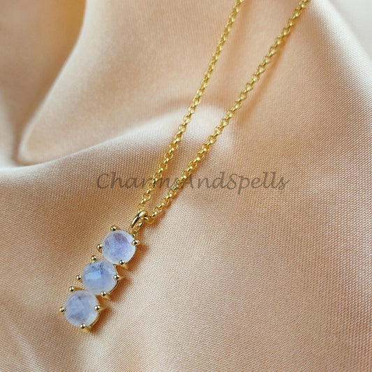 Natural Rainbow Moonstone Gemstone Necklace, Wiccan Necklace for Women, Gold Plated, Dainty Blue Moon Bar Pendant - Charms And Spells