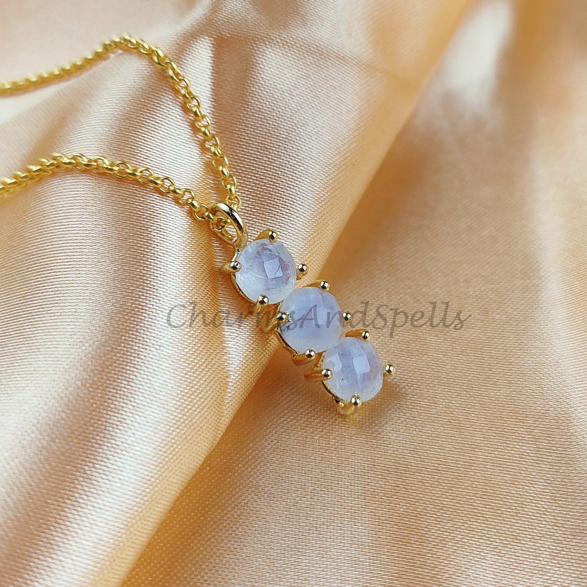 Natural Rainbow Moonstone Gemstone Necklace, Wiccan Necklace for Women, Gold Plated, Dainty Blue Moon Bar Pendant - Charms And Spells