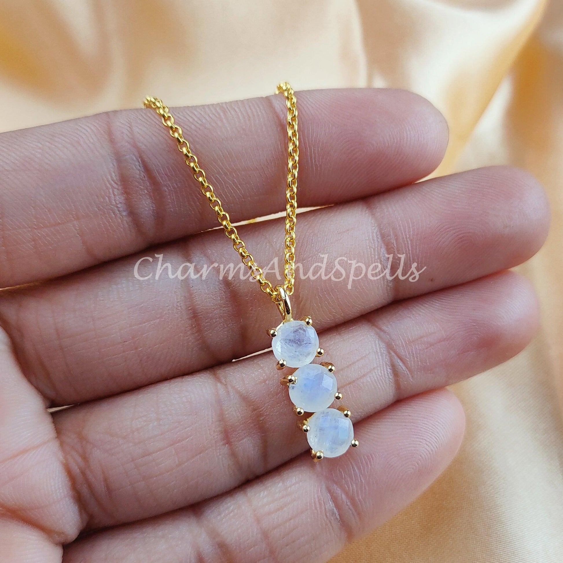 Natural Rainbow Moonstone Gemstone Necklace, Wiccan Necklace for Women, Gold Plated, Dainty Blue Moon Bar Pendant - Charms And Spells