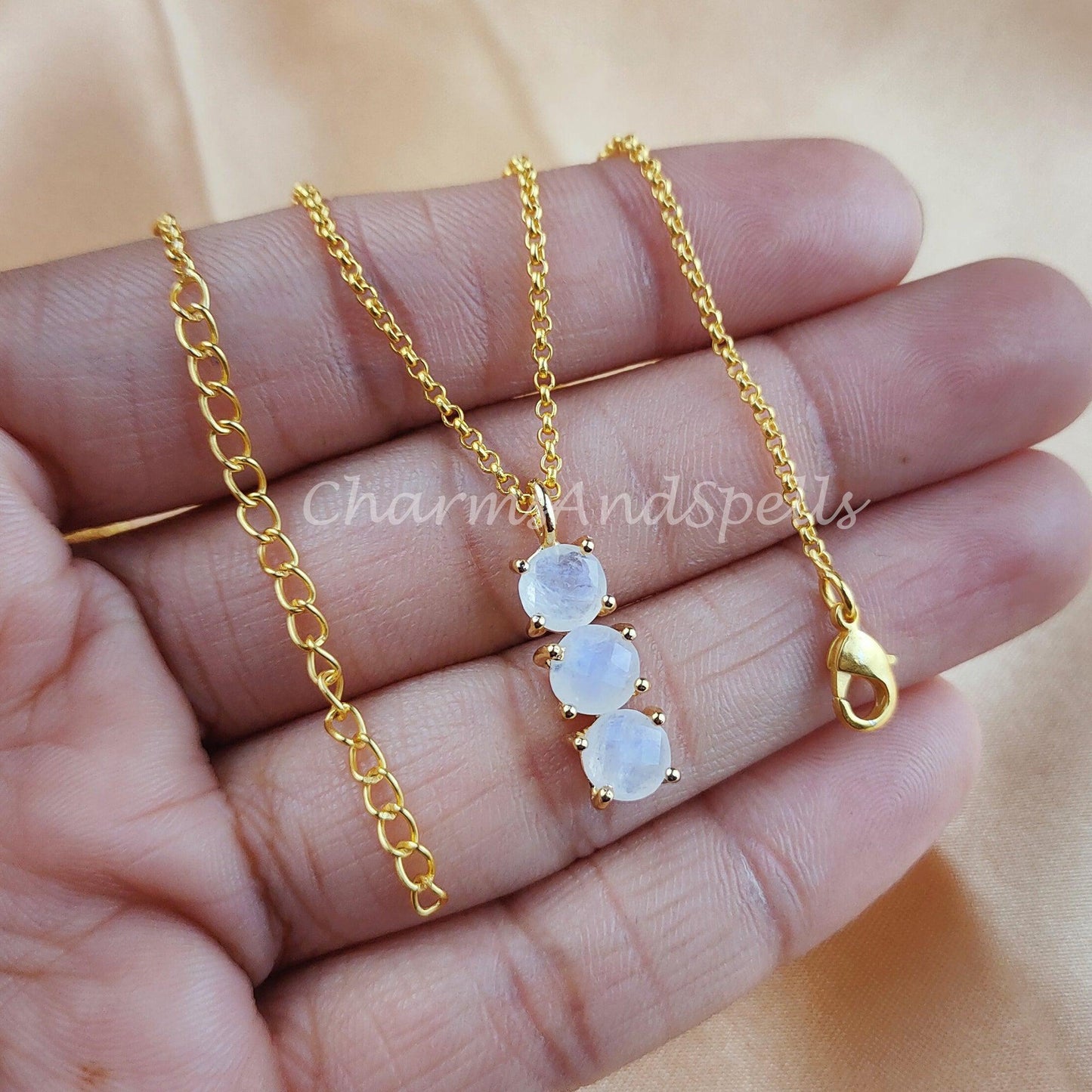 Natural Rainbow Moonstone Gemstone Necklace, Wiccan Necklace for Women, Gold Plated, Dainty Blue Moon Bar Pendant - Charms And Spells