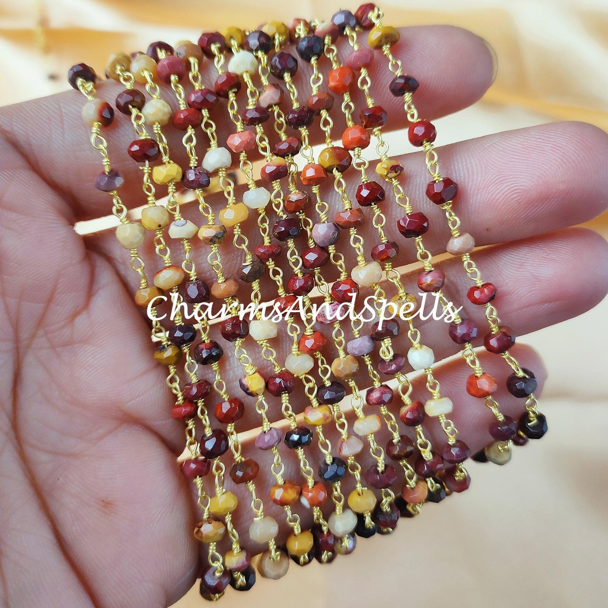 1 Feet Chain, Natural Mookaite Wire Wrapped Rosary Chain, Gold Plated Rosary Chain, Link Rosary Chain, Gemstone Chain, DIY Chain For Jewelry Making - Charms And Spells