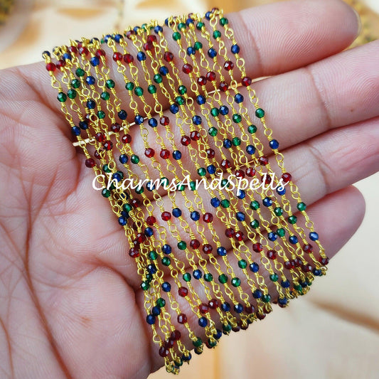 1 Feet Chain, Multi Gemstone Beaded Rosary Chain, Rondelle Faceted 2mm Gold Plated Chain, Jewelry Findings, DIY Bulk Rosary Chain Rolls - Charms And Spells