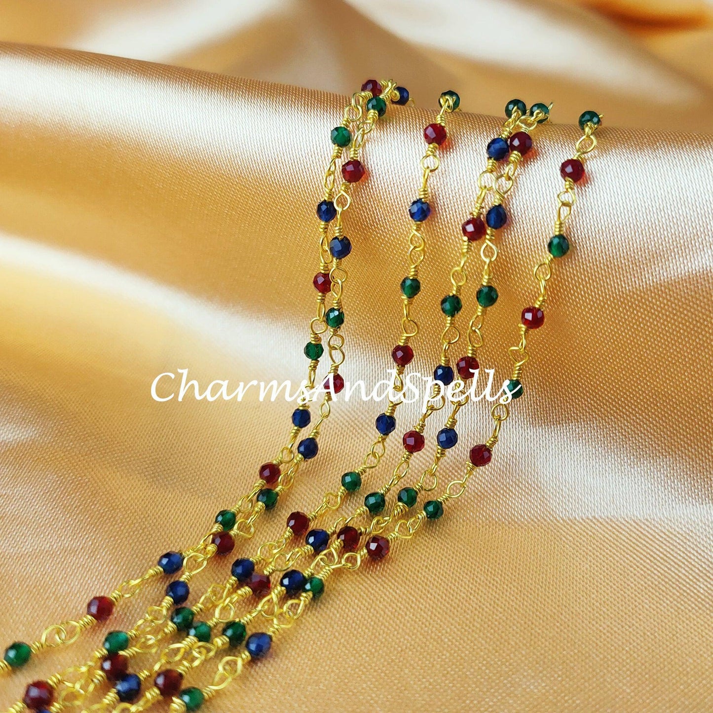 1 Feet Chain, Multi Gemstone Beaded Rosary Chain, Rondelle Faceted 2mm Gold Plated Chain, Jewelry Findings, DIY Bulk Rosary Chain Rolls - Charms And Spells