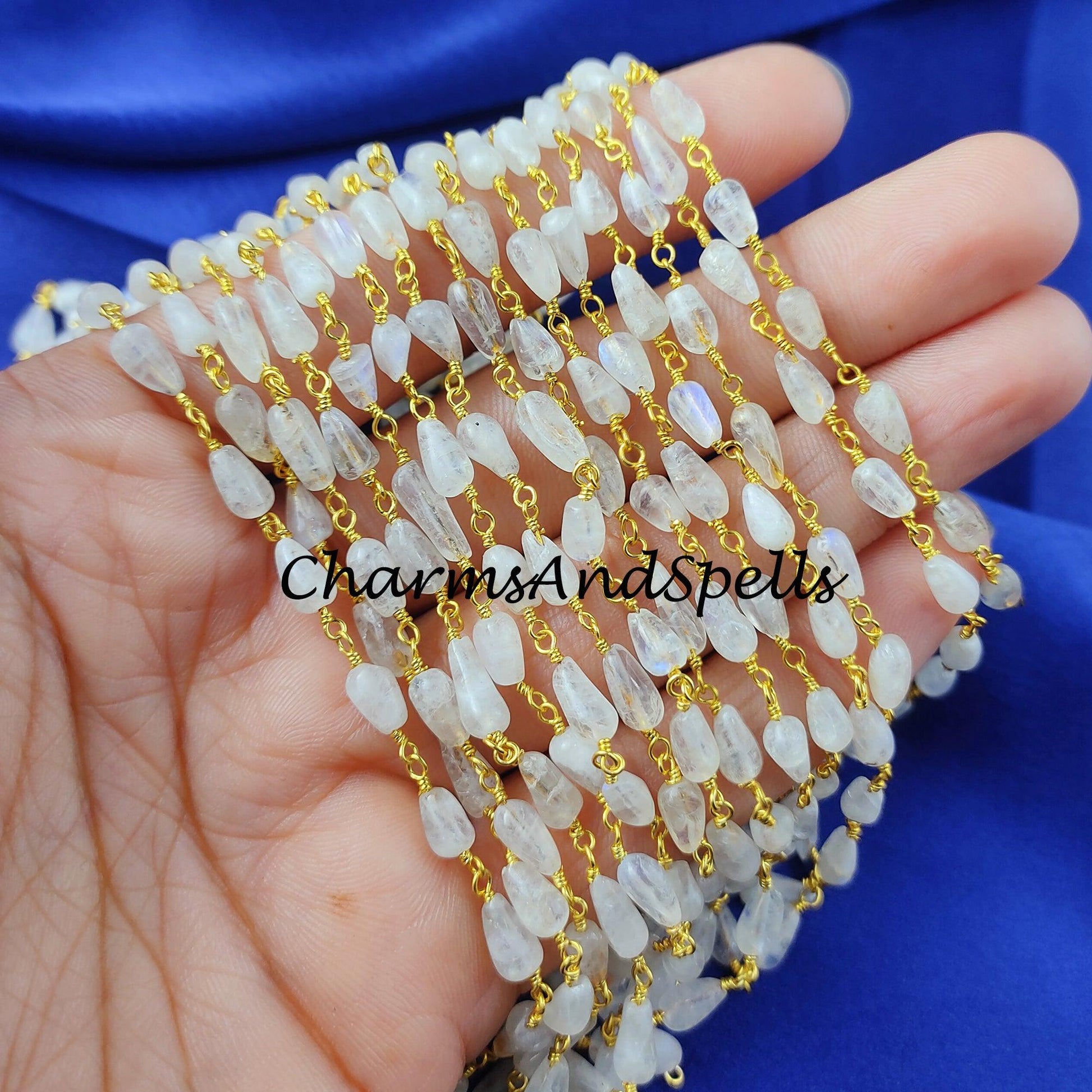 1 Feet Chain, moonstone chain Natural Rainbow Moonstone Rosary Chain, Gold Plated Beaded Chain, Wire Wrapped Chain, Moonstone Beads, 1,2,5,10,25,50 Feet Roll, DIY Jewelry - Charms And Spells