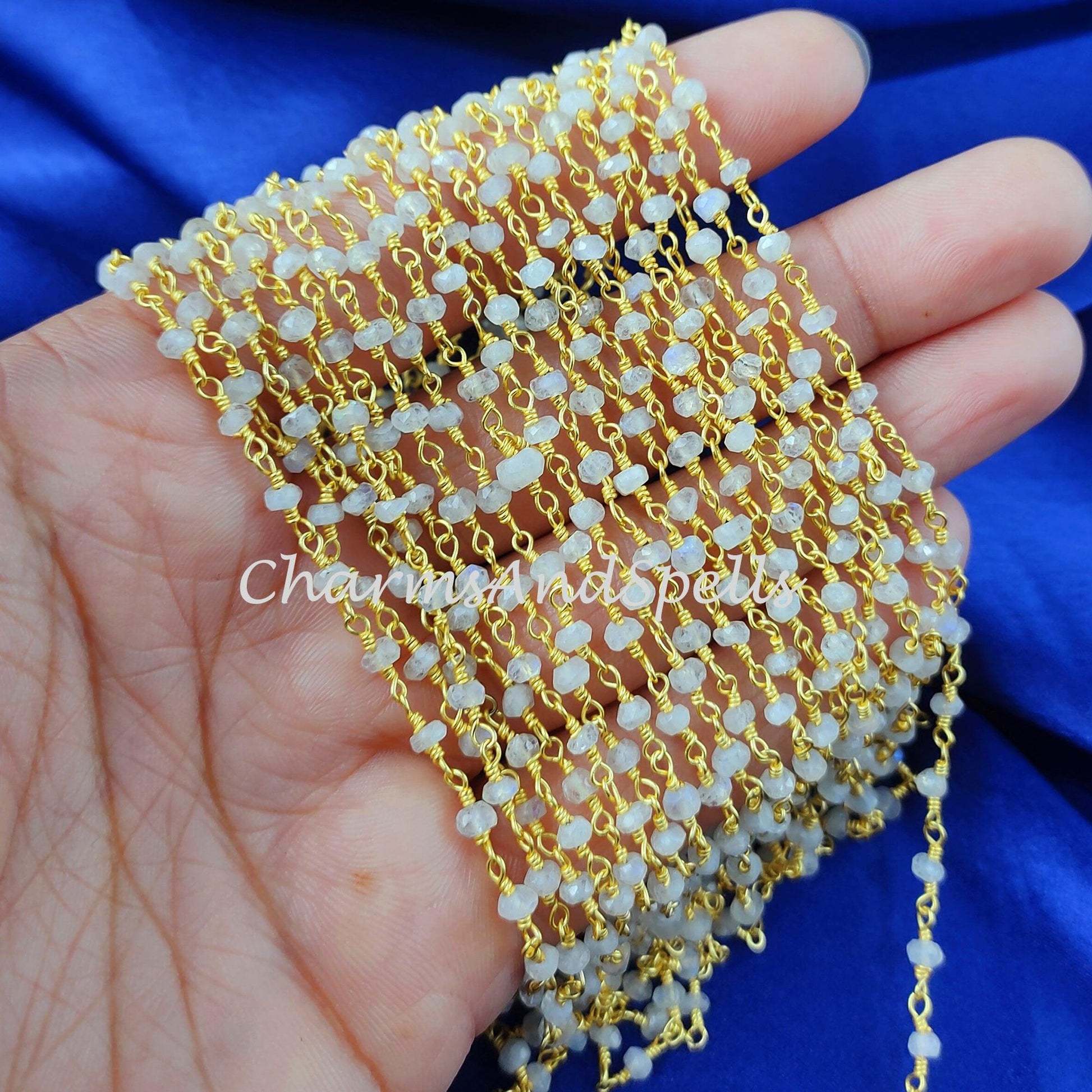 1 Feet Chain, Natural Rainbow Moonstone Bead Chain, Wire Wrapped Moonstone Beaded Chain, Rosary Bead Chain Semi Precious, Blue Fire Moonstone - Charms And Spells