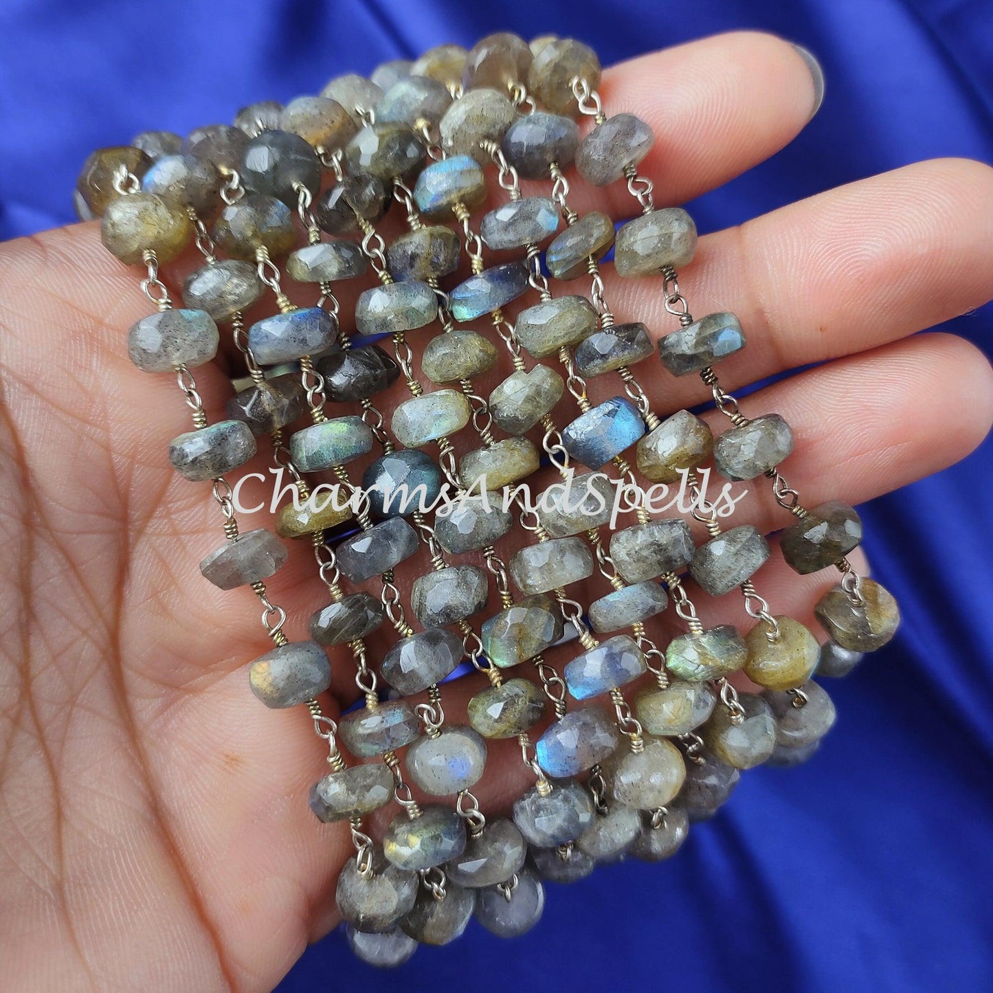 1 Feet Chain, Natural Labradorite Wire Wrapped Beaded Chain, 7x5-8x5.5mm Beads Chain, Blue Labradorite Wire Wrapped Rosary Chain-Sold In Wholesal - Charms And Spells