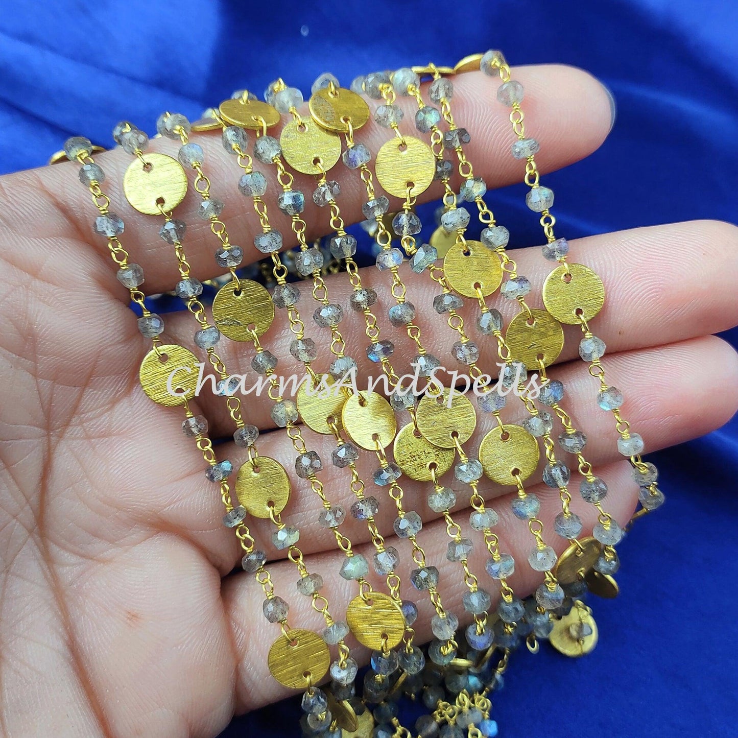 1 Feet Chain, Natural Labradorite Wire Wrapped Rosary Chain, Gold Plated Charm Rosary Chain, Link Rosary Chain, DIY Chain For Jewelry Making - Charms And Spells