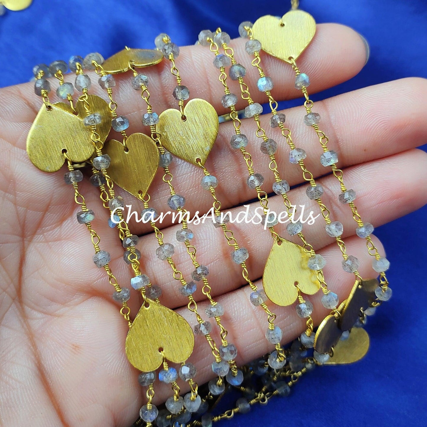 Labradorite Beaded Rosary Chain With Heart Charms, Rondelle Faceted Gold Plated Chain, Jewelry Findings, DIY Bulk Rosary Chain Rolls - Charms And Spells