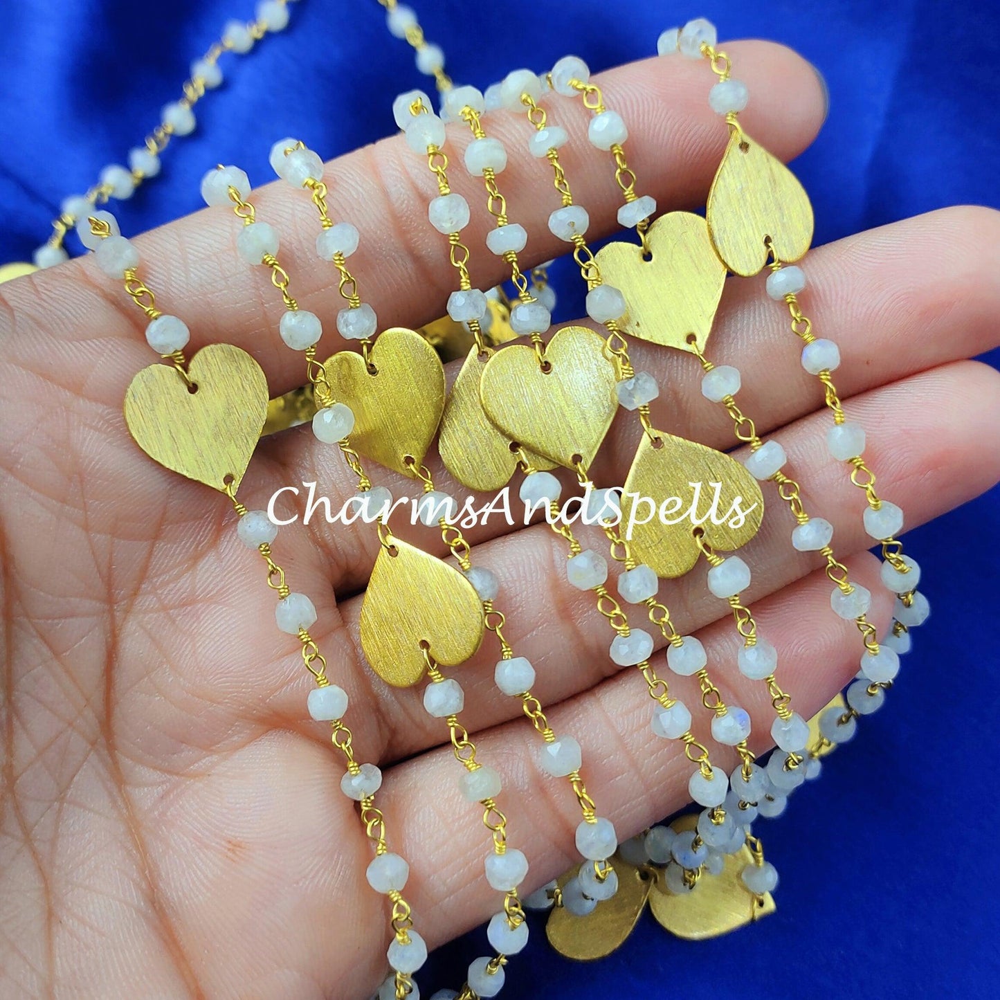 1 Feet Chain, Natural Rainbow Moonstone Bead Chain, Heart Shape Charm Necklace, Wire Wrapped Moonstone Beaded Chain, Rosary Bead Chain - Charms And Spells