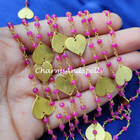 1 Feet Chain, Pink Ruby Rosary Chain, Heart Chain, Body Chain, Jewelry Making Chain, Women Chain, Necklace Chain, Gold Plated Rosary Chain - Charms And Spells