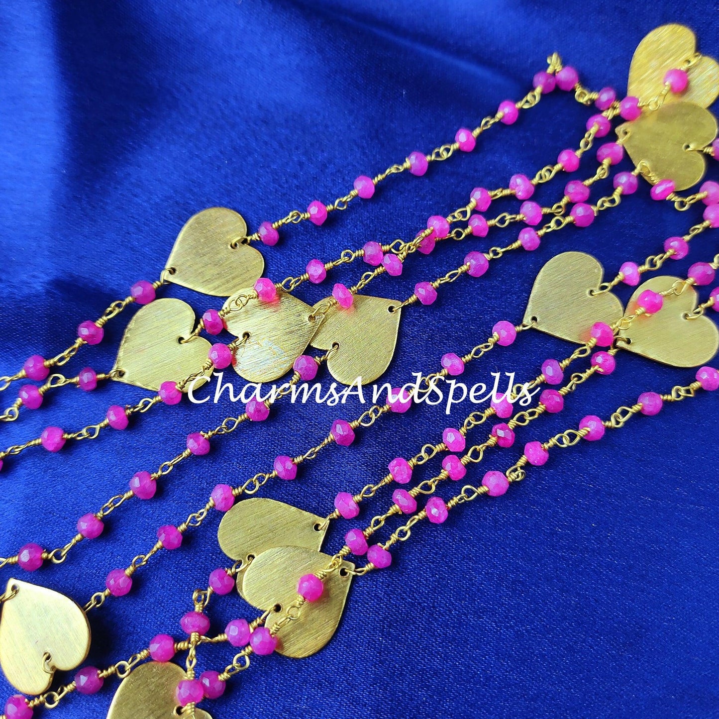 1 Feet Chain, Pink Ruby Rosary Chain, Heart Chain, Body Chain, Jewelry Making Chain, Women Chain, Necklace Chain, Gold Plated Rosary Chain - Charms And Spells