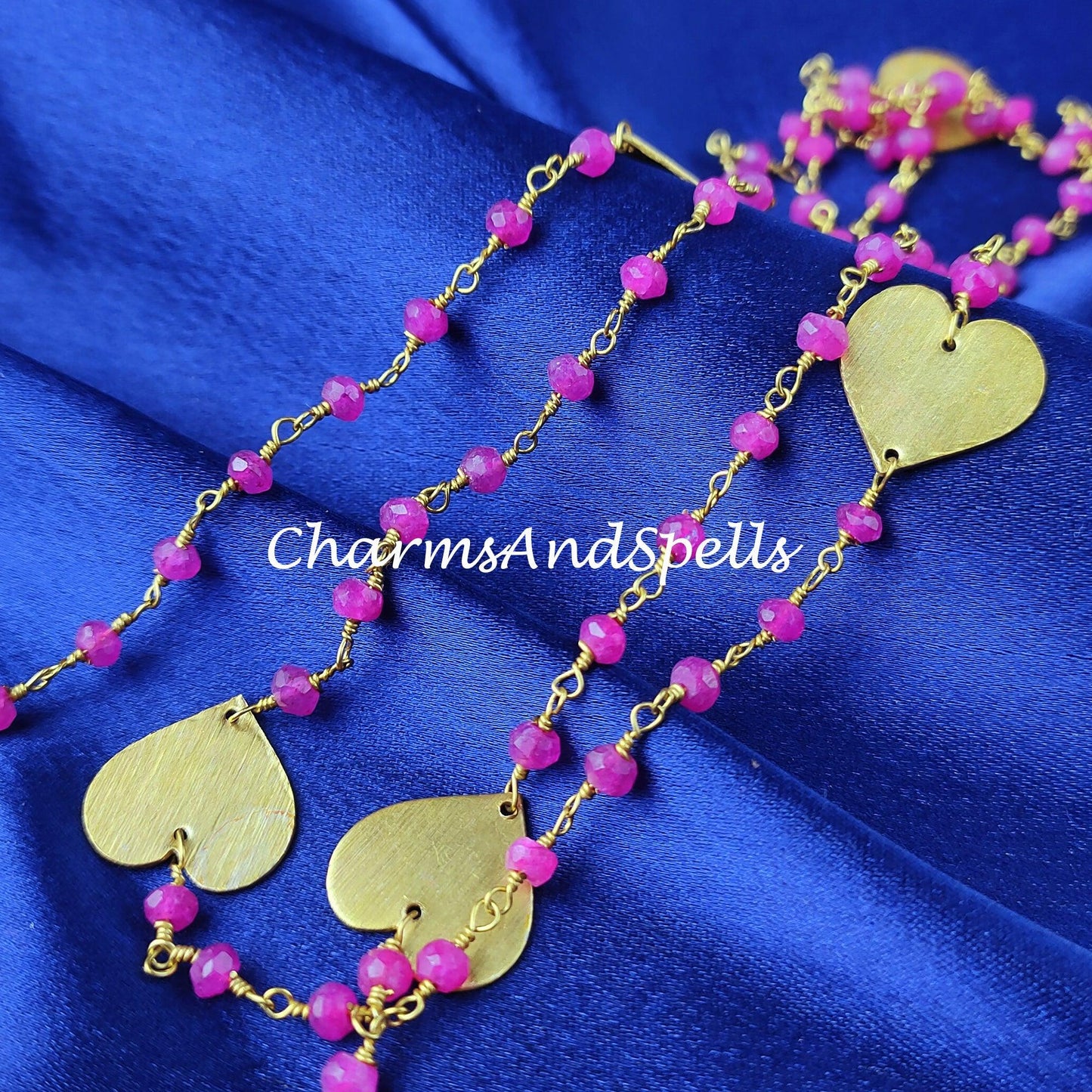 1 Feet Chain, Pink Ruby Rosary Chain, Heart Chain, Body Chain, Jewelry Making Chain, Women Chain, Necklace Chain, Gold Plated Rosary Chain - Charms And Spells