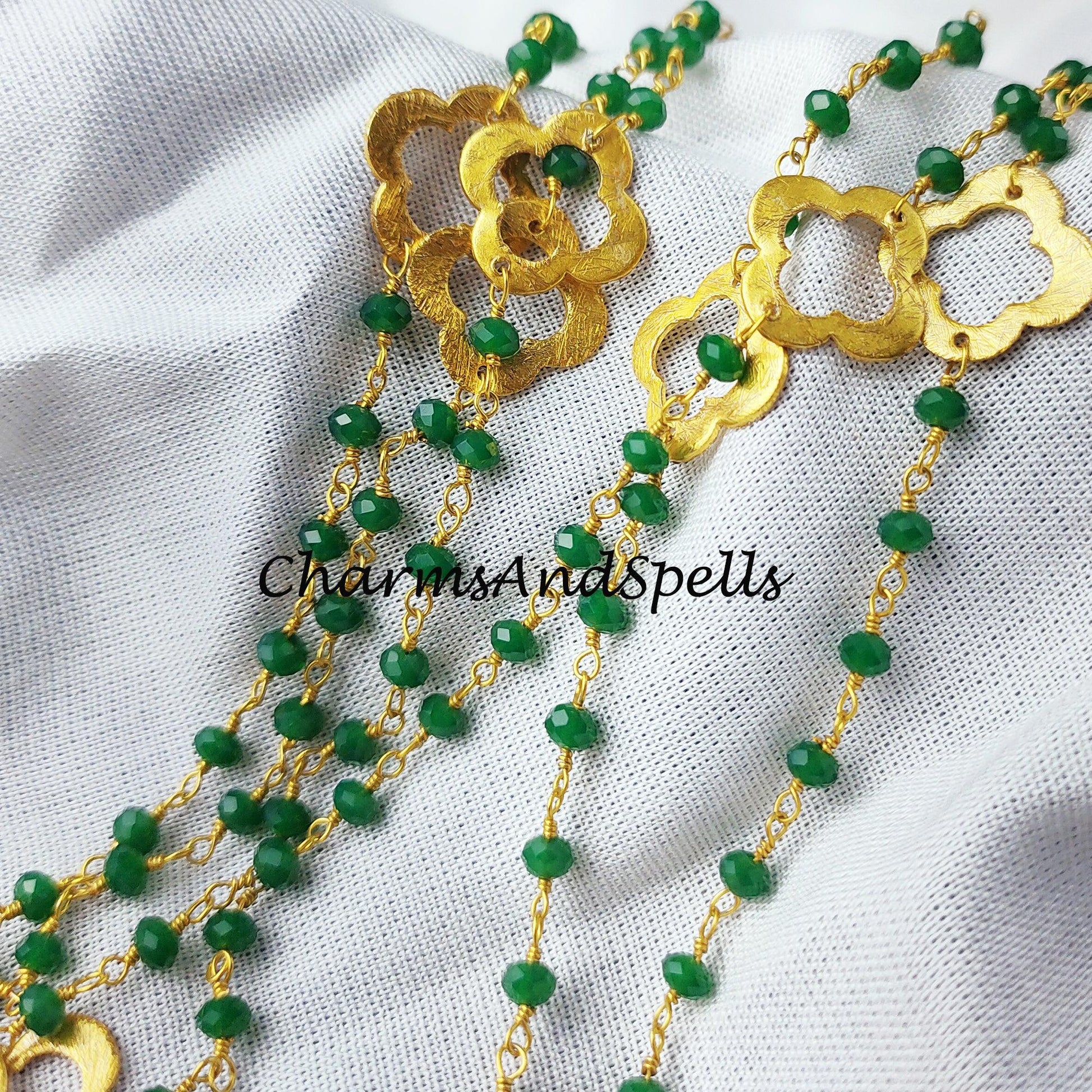 1 Feet Chain, Green Onyx Beaded Chain, Wire Wrapped Chain, Rosary Bead Chain, Green Gemstone Chain, Jewelry Making Chain, DIY Chain - Charms And Spells