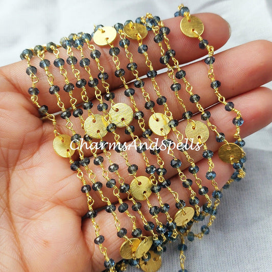 1 Feet Chain, Blue Topaz Rosary Chain, Blue Chain, Charm Chain, Jewelry Making Chain, Women Chain, Necklace Chain, Gold Plated Rosary Chain - Charms And Spells