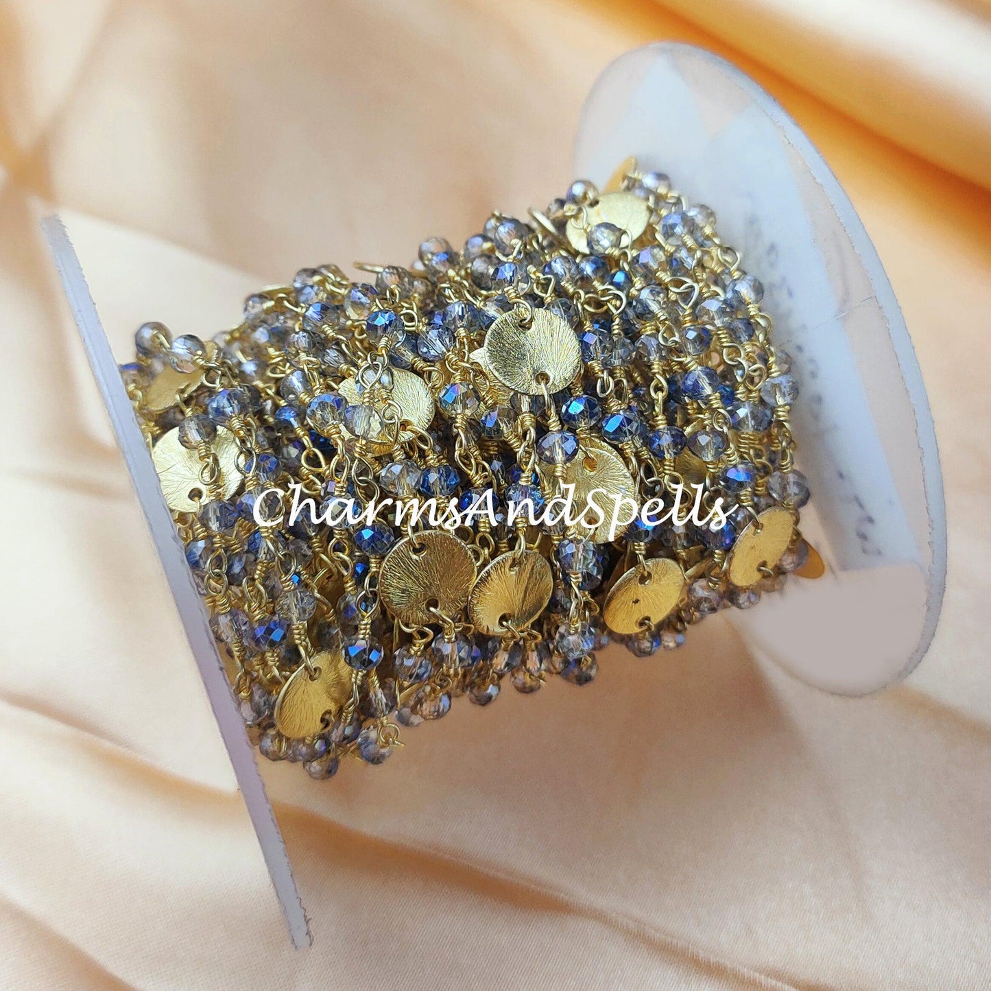 1 Feet Chain, Natural Mystic Blue Pyrite Rosary Chain, 3-3.5mm Faceted Rondelle Pyrite Rosary Chain, Gold Plated Rosary, Mystic Pyrite Chain - Charms And Spells