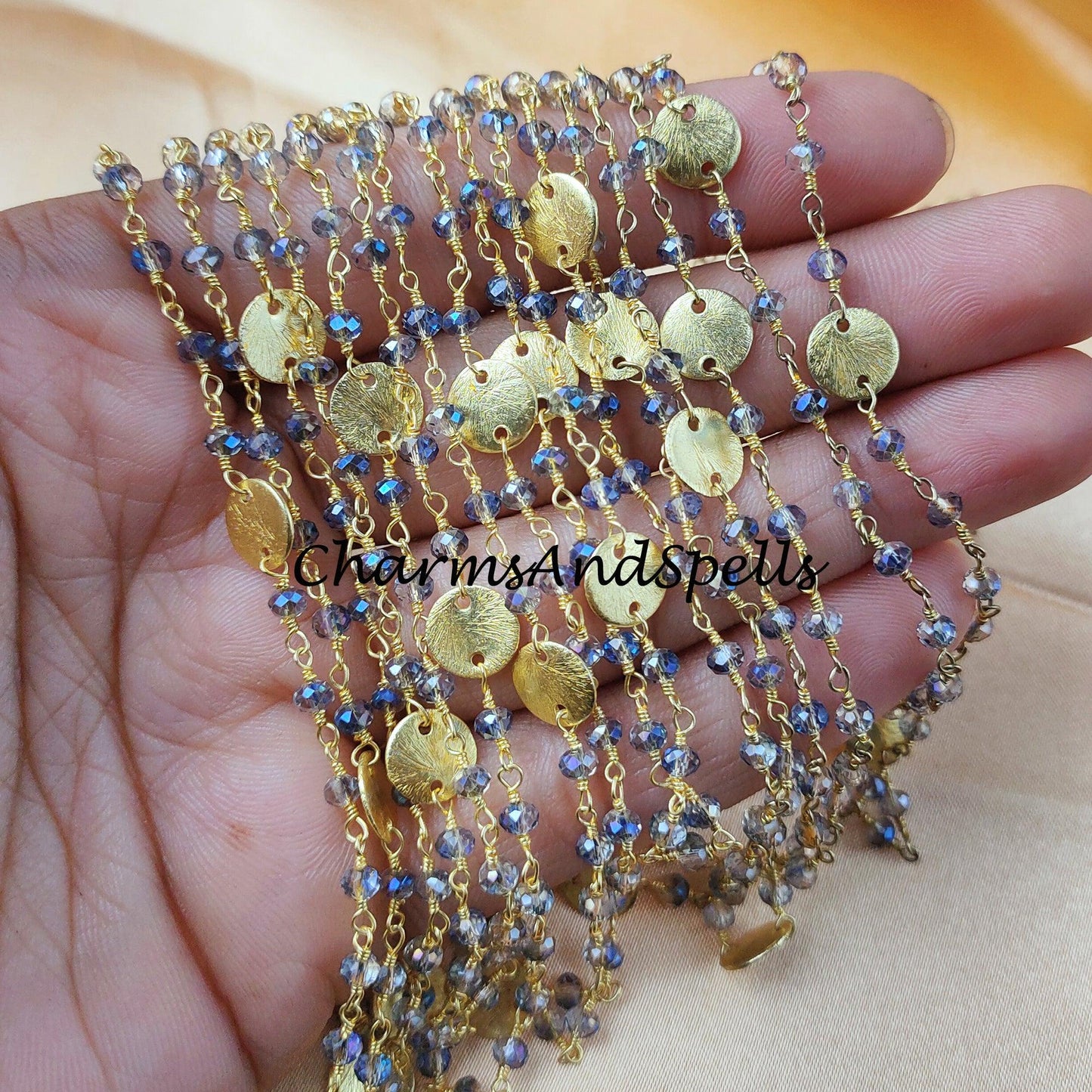 1 Feet Chain, Natural Mystic Blue Pyrite Rosary Chain, 3-3.5mm Faceted Rondelle Pyrite Rosary Chain, Gold Plated Rosary, Mystic Pyrite Chain - Charms And Spells