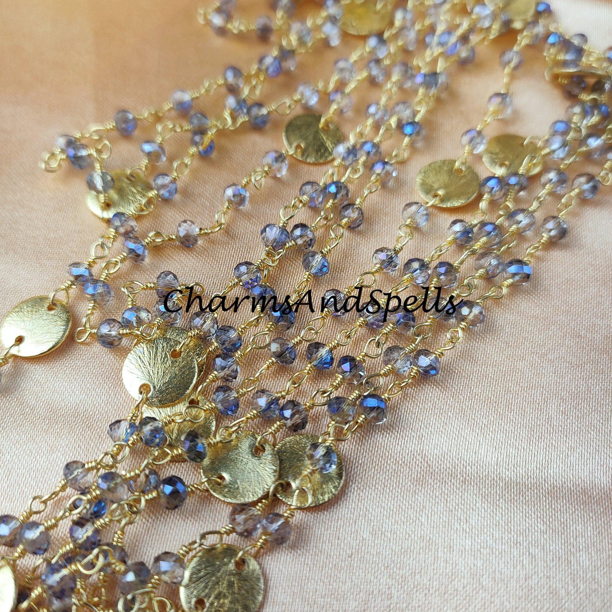 1 Feet Chain, Natural Mystic Blue Pyrite Rosary Chain, 3-3.5mm Faceted Rondelle Pyrite Rosary Chain, Gold Plated Rosary, Mystic Pyrite Chain - Charms And Spells