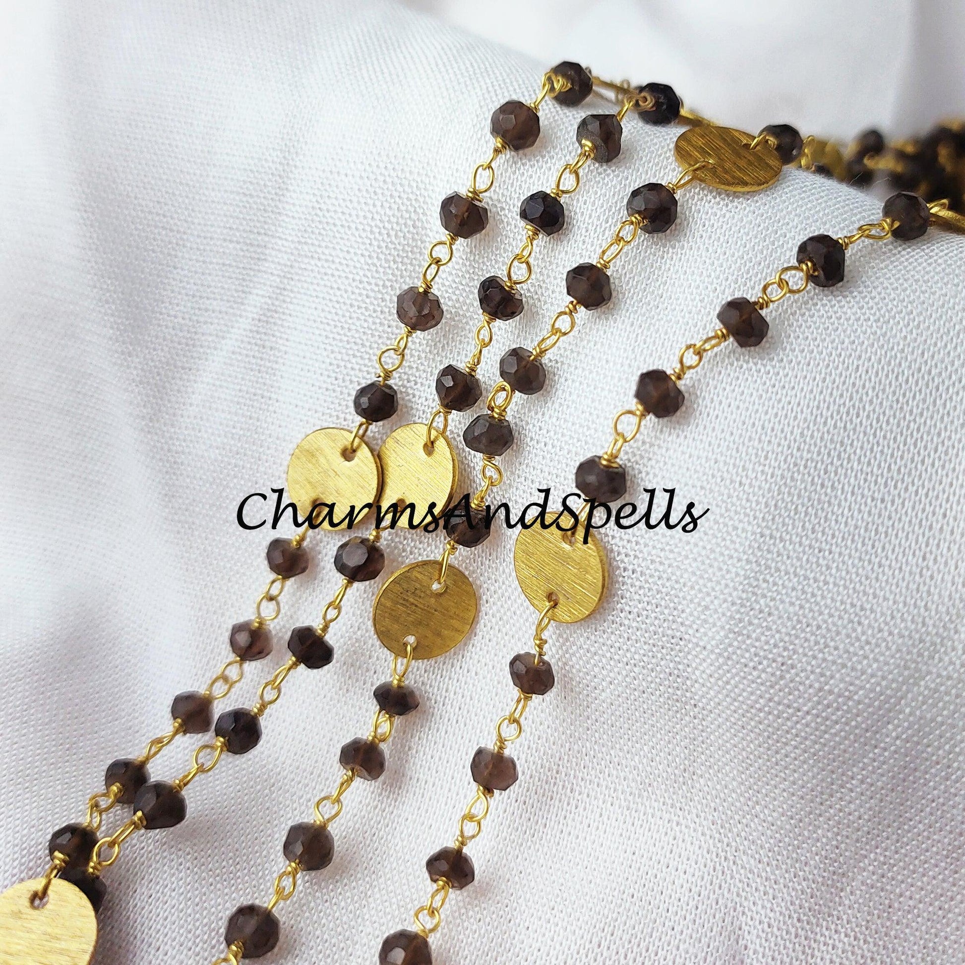 1 Feet Chain, Smoky Quartz Gemstone Rosary Chain, 3.5mm Beads Chain, 14K Gold Plated Wire Wrapped Beaded Chain, DIY Quartz Necklace Chain - Charms And Spells