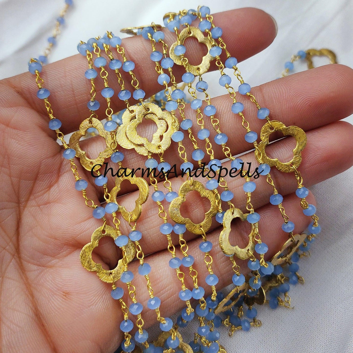 1 Feet Chain, Blue Chalcedony Rosary Chain, Beads Chain, Body Chain, Jewelry Making, Women Chain, Necklace Chain, Gold Plated Rosary Chain - Charms And Spells