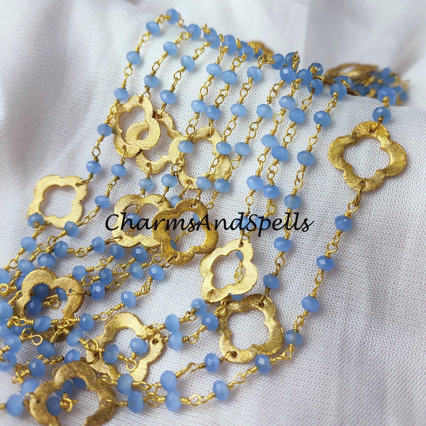 1 Feet Chain, Blue Chalcedony Rosary Chain, Beads Chain, Body Chain, Jewelry Making, Women Chain, Necklace Chain, Gold Plated Rosary Chain - Charms And Spells