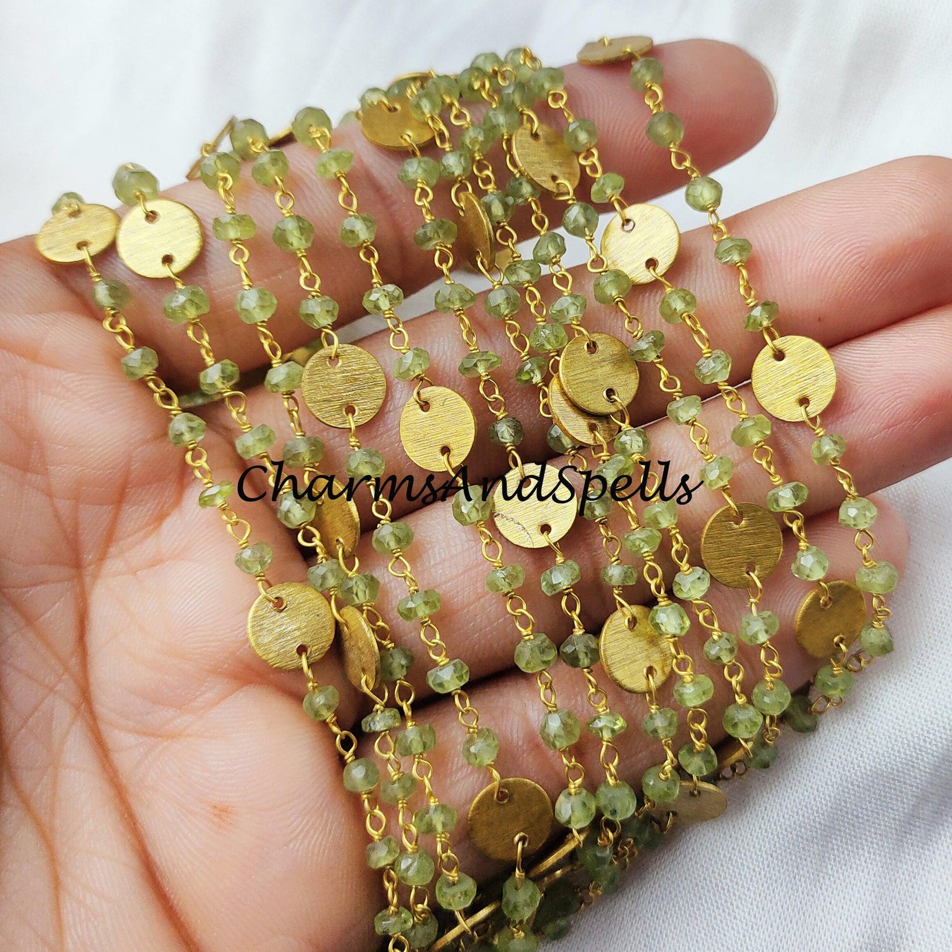 1 Feet Chain, Natural Prehnite Bead Chain, Coin Shape Charm Necklace, Wire Wrapped Prehnite Beaded Chain, Rosary Bead Chain - Charms And Spells