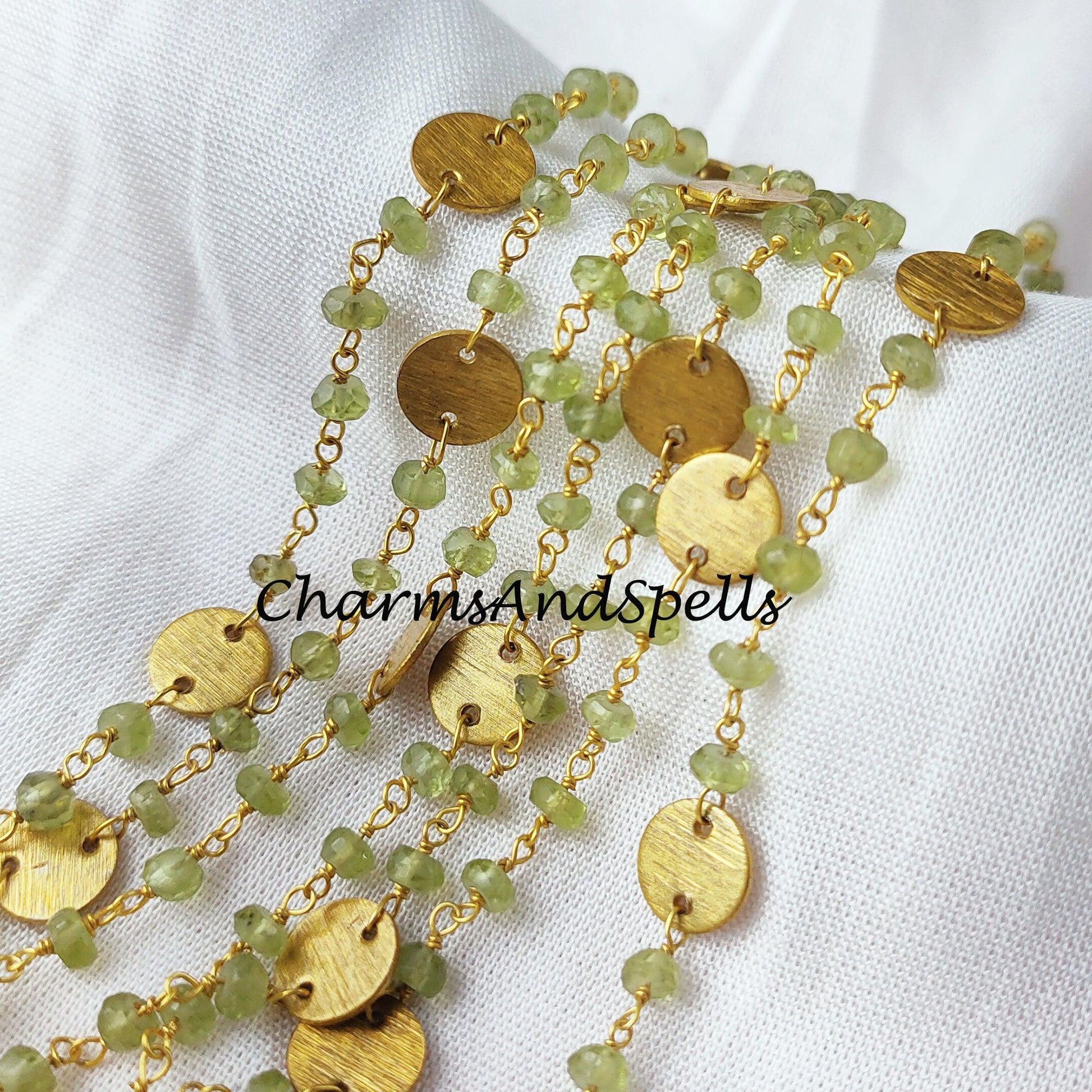 1 Feet Chain, Natural Prehnite Bead Chain, Coin Shape Charm Necklace, Wire Wrapped Prehnite Beaded Chain, Rosary Bead Chain - Charms And Spells