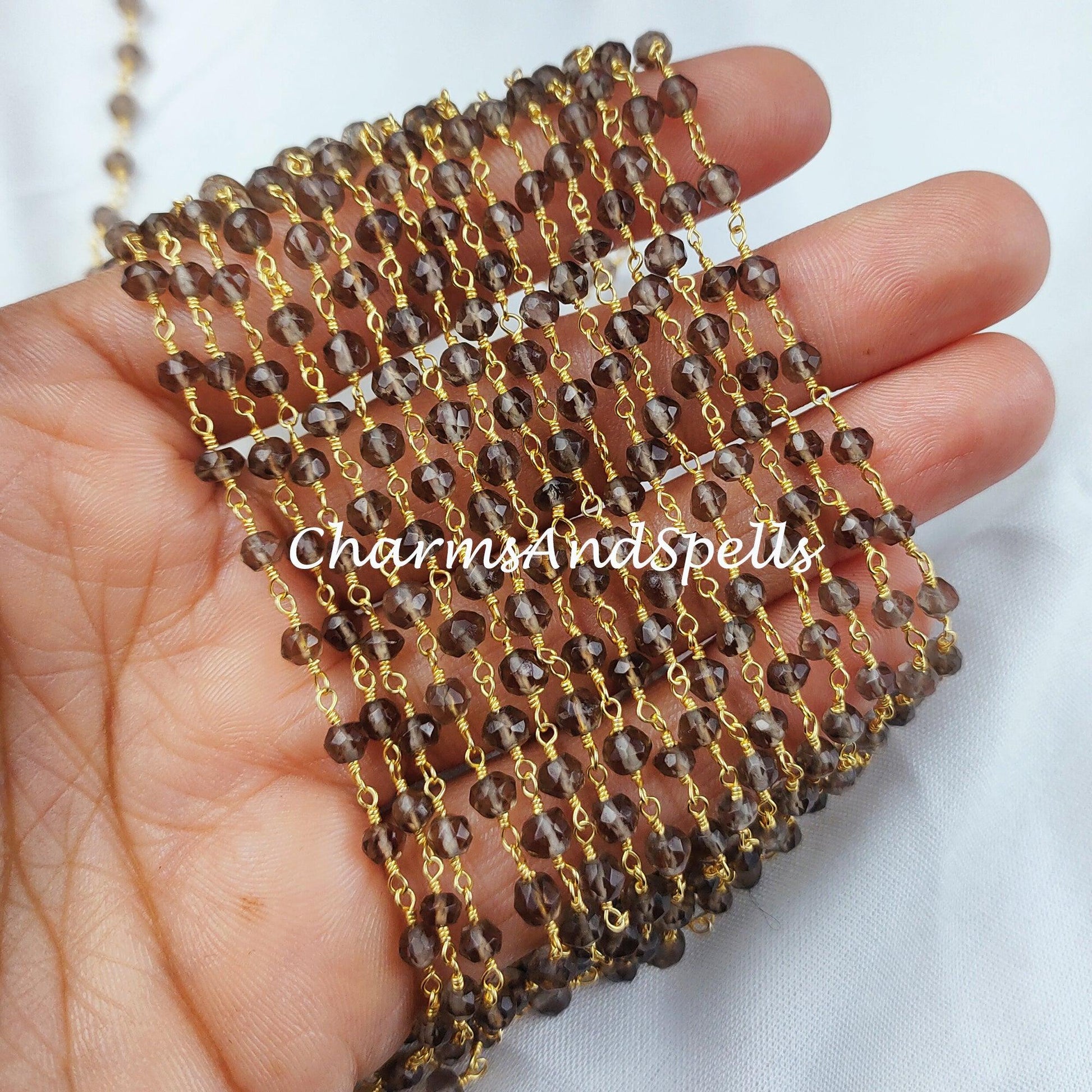 1 Feet Chain, Faceted Smoky Quartz Rosary Chain, Rondelle Beads Chain, Gold Plated Chain, DIY Jewelry Making Supply, 3.5-4mm Bead Size - Charms And Spells