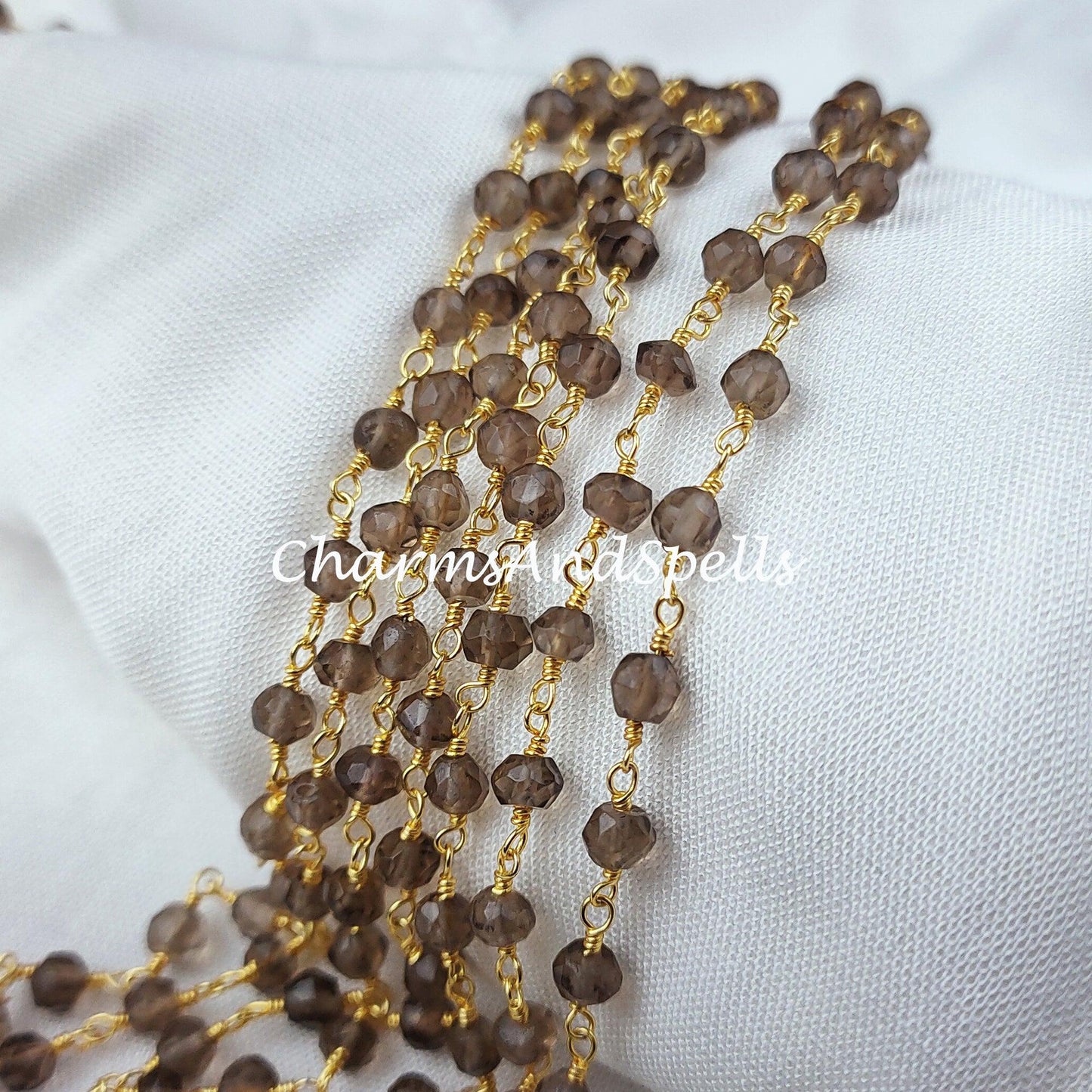 1 Feet Chain, Faceted Smoky Quartz Rosary Chain, Rondelle Beads Chain, Gold Plated Chain, DIY Jewelry Making Supply, 3.5-4mm Bead Size - Charms And Spells